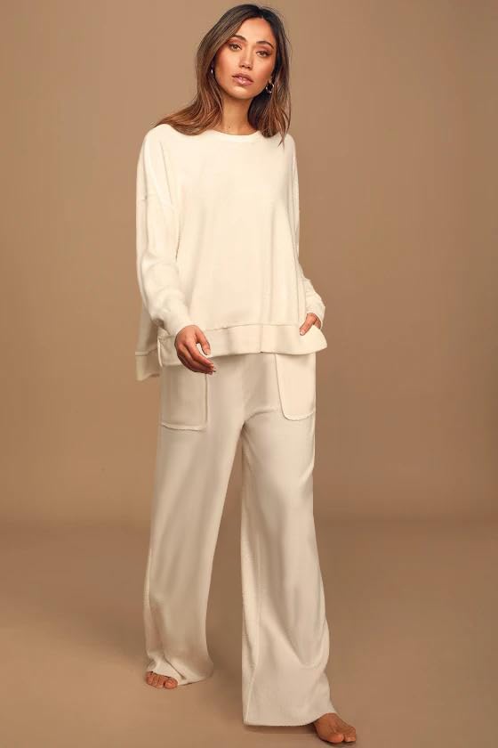 ETCYY Women's 2-Piece Lounge Set - Side Split Sweat Shirt & Wide Leg Sweatpants | Soft Casual Outfit for Home, Yoga & Relaxation | Comfortable Loungewear for Women