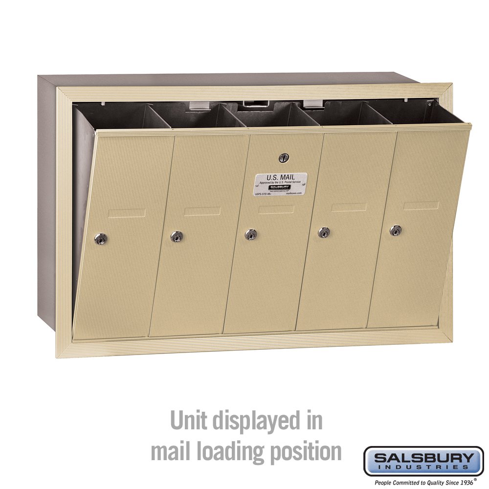 Salsbury Industries 3505SRU Recessed Mount Vertical Mailbox with USPS Lock - 5 Door Sandstone Mailbox for Residential & Commercial Use