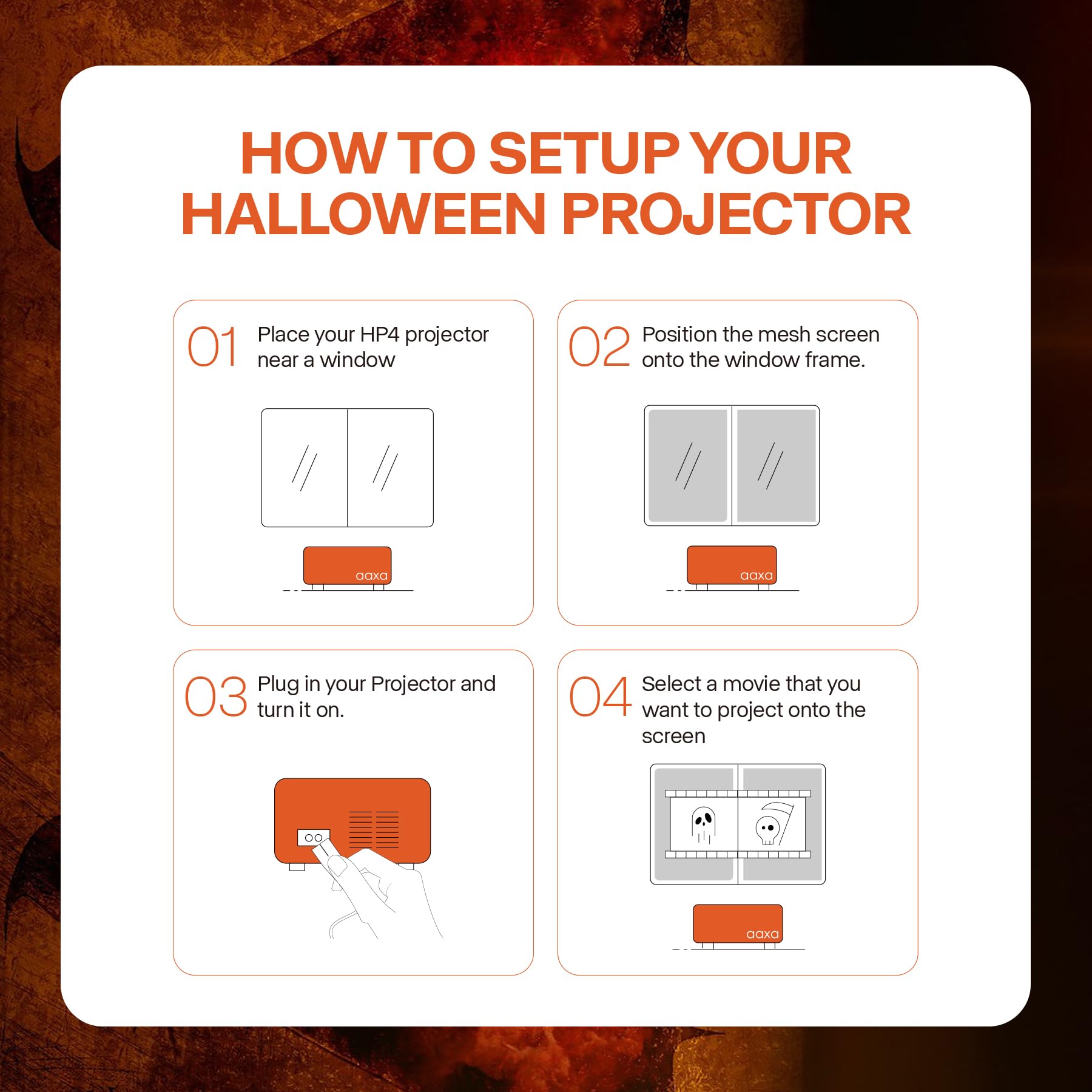 AAXA HP4 Halloween Projector (2024 Upgrade) - 1080p Native Resolution Holographic Projector with AutoPlay™, Built-in Timer & 8 Preloaded Spooky Movies - Bluetooth Enabled for Haunted House Decorations, Window Displays & Outdoor Halloween Party Projections (Renewed)