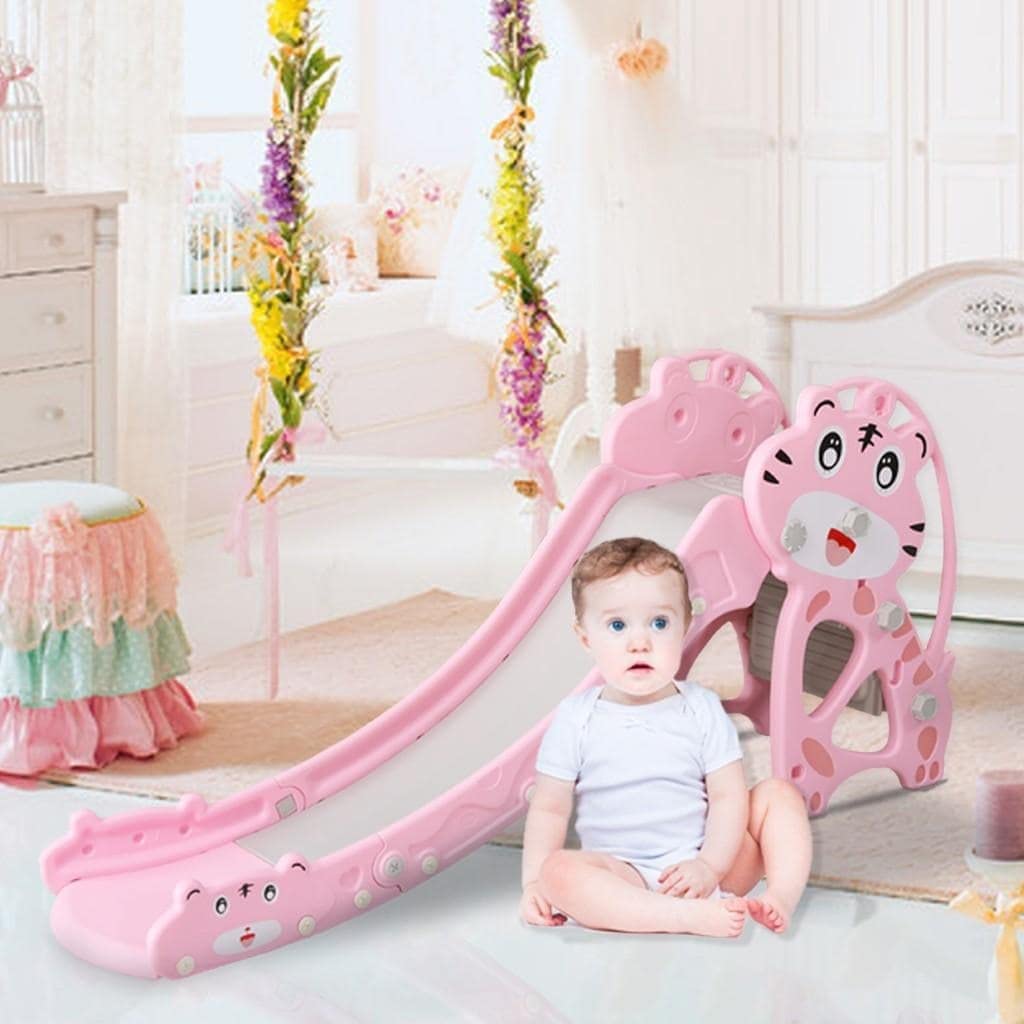 Pink Plastic Kids Slide with Basketball Hoop - Outdoor Playground Toy for Backyard, Park, and Indoor Fun