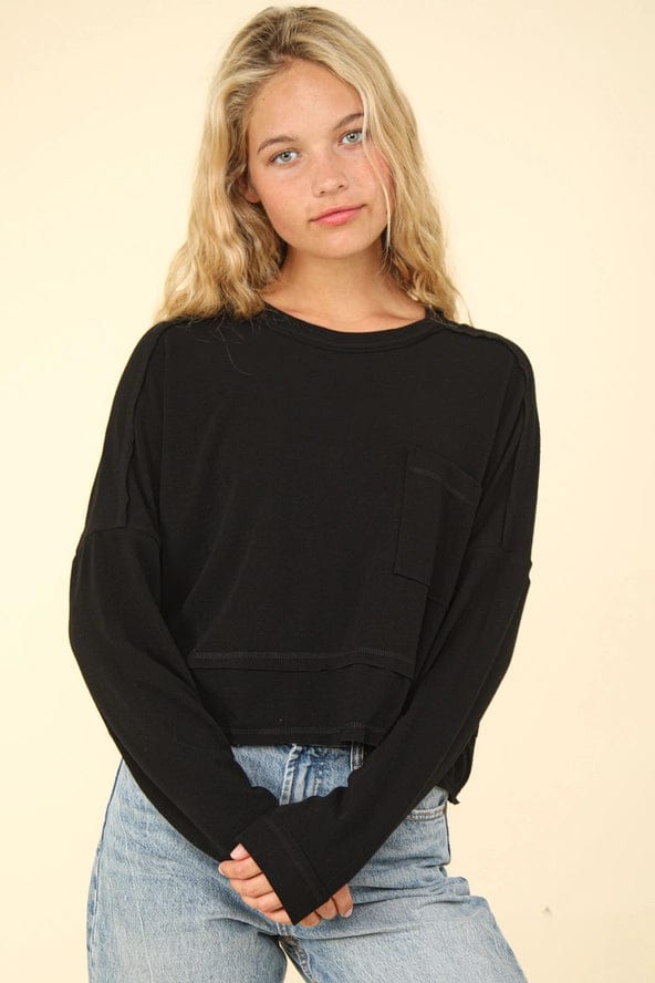 Stylish Black Long Sleeve Pocket T-Shirt for Women - Casual & Comfortable Everyday Wear | Perfect for Work, Outings & Layering