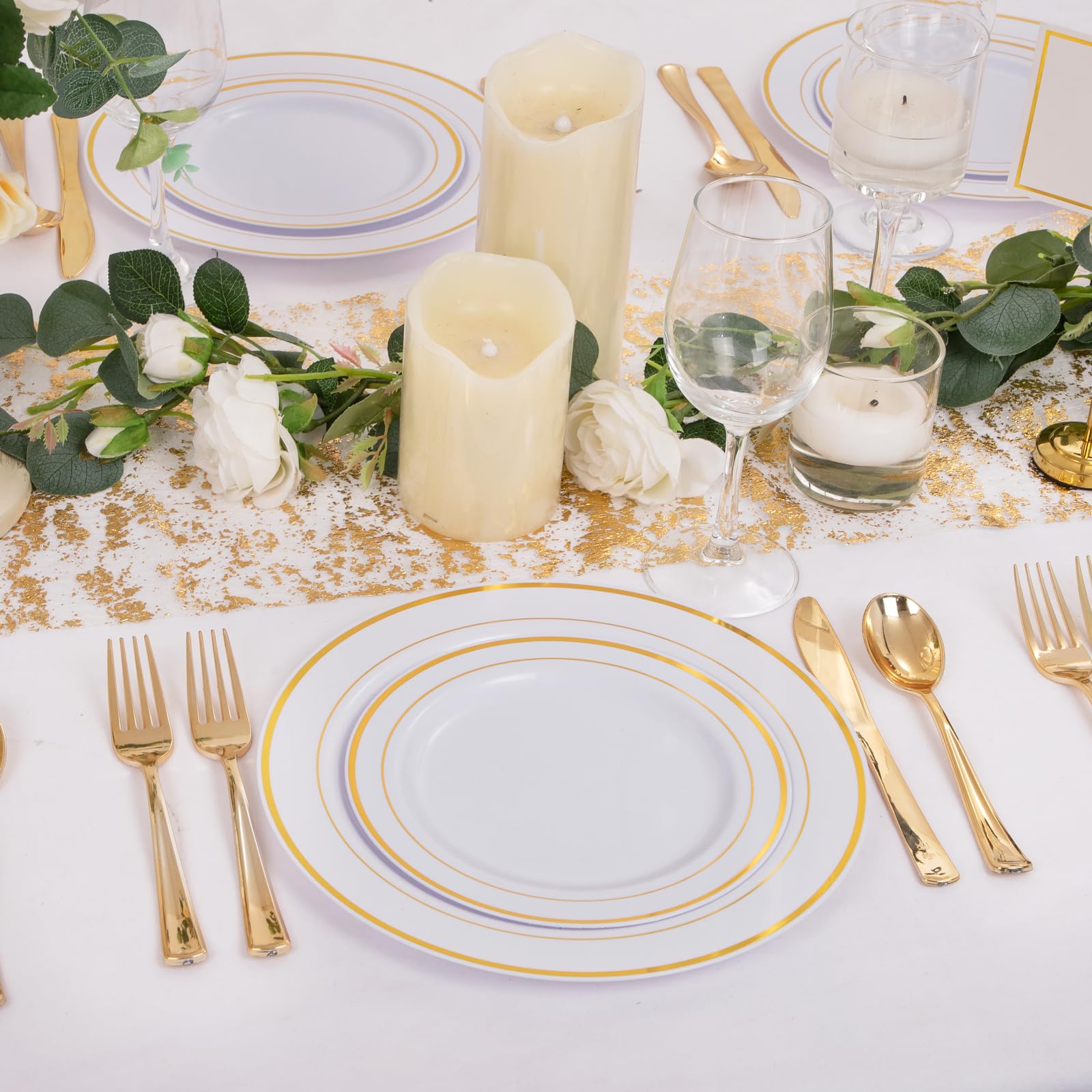 DaYammi 250-Piece Gold Plastic Dinnerware Set - 50 Gold Rim Dinner Plates, 50 Salad Plates, 50 Plastic Silverware Sets - Elegant Disposable Tableware for Weddings, Parties, Banquets & Special Events