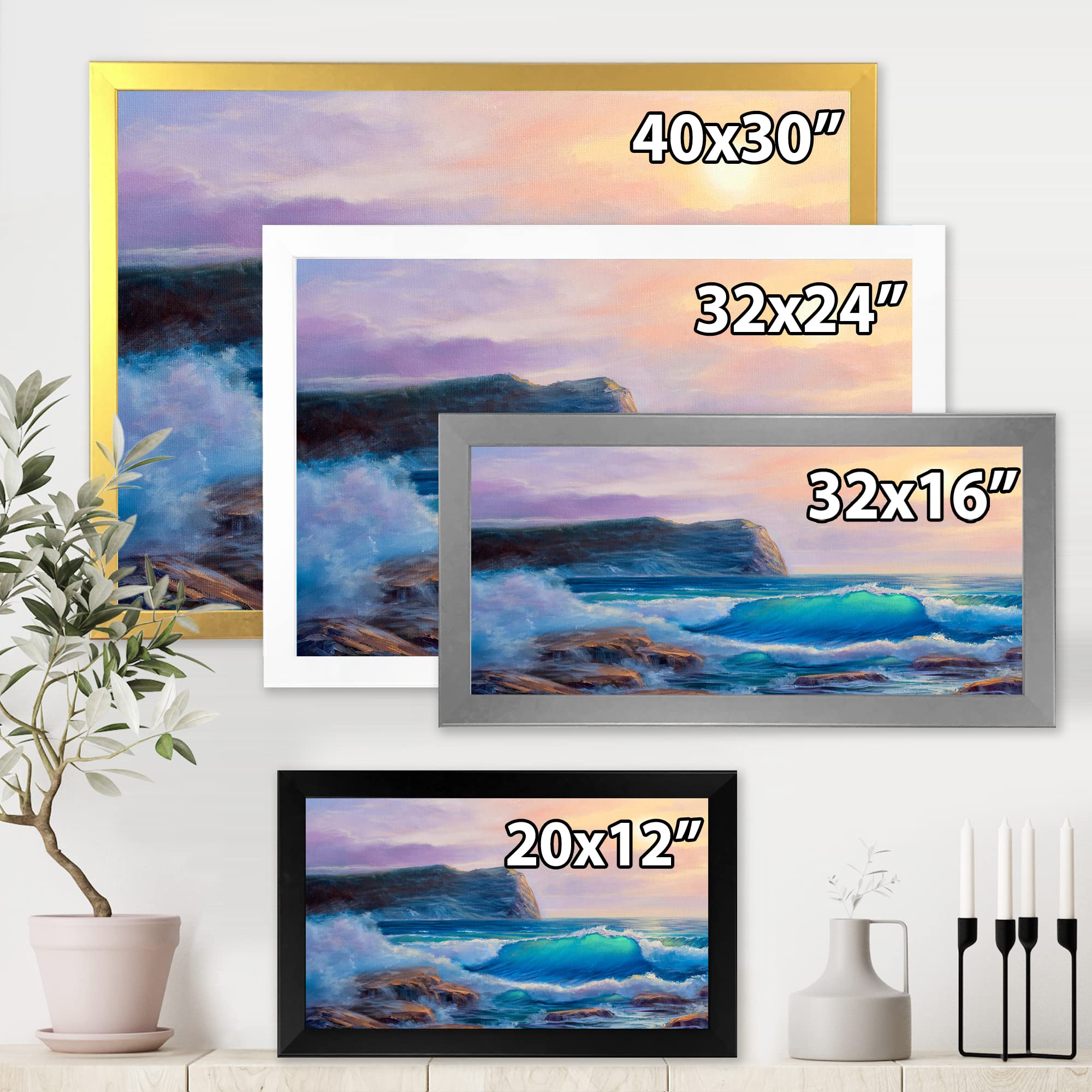 DesignQ Blue Waves Breaking At The Beach III - Coastal Framed Wall Art Decor for Living Room, Bedroom & Office | Nautical Ocean Theme Home Decoration