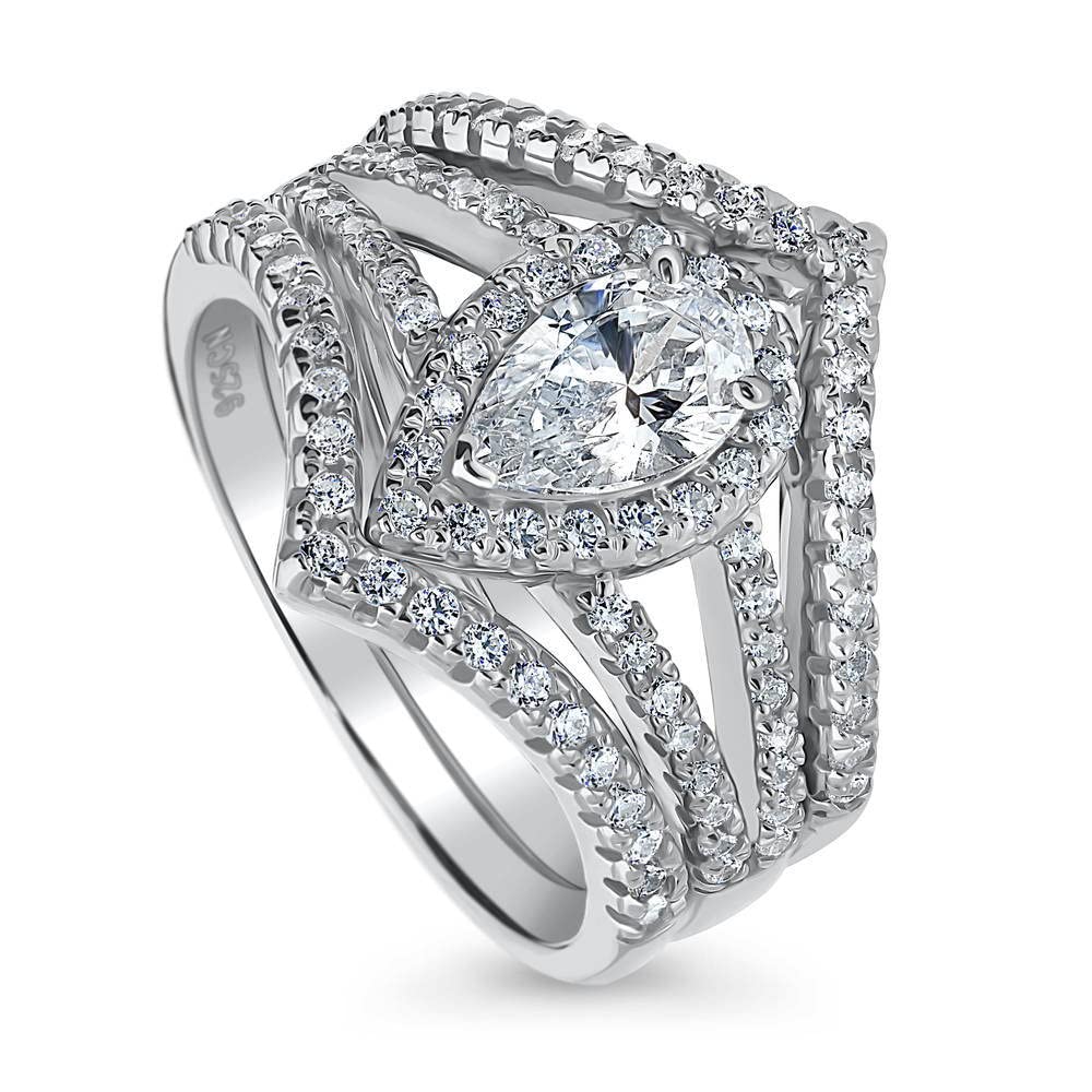Sterling Silver Pear Cut Cubic Zirconia Halo Engagement Ring Set for Women - Rhodium Plated Wedding Band, Size 4-10 - Perfect for Proposals, Anniversaries & Bridal Jewelry Gifts