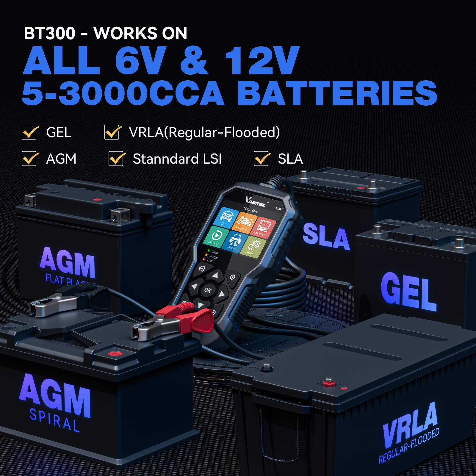 VDIAGTOOL BT300 Professional Car Battery Tester - 6V/12V Automotive Battery Load Tester with 5-3000 CCA Range | Starter & Alternator Diagnostic Tool for Cars, Trucks, SUVs, Motorcycles, ATVs & Boats | Perfect for Home Mechanics & Auto Repair Shops