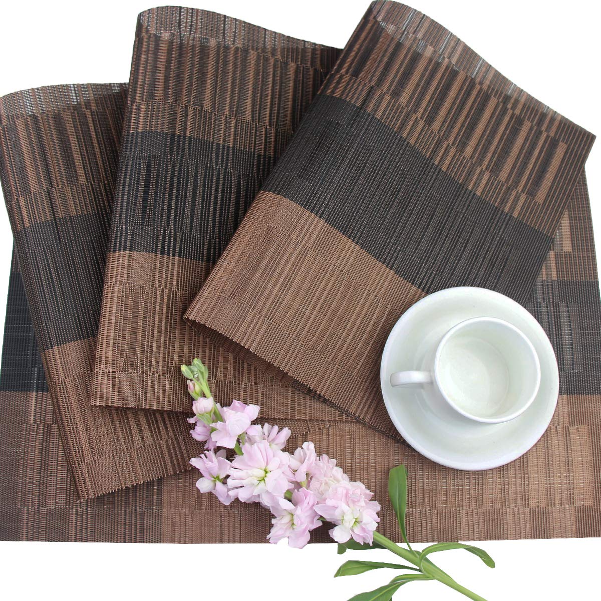 PIGCHCY 4-Pack Durable Woven Vinyl Placemats for Dining Table - Washable Kitchen Table Mats Set (Brown) - Perfect for Everyday Meals, Dinner Parties & Home Decor