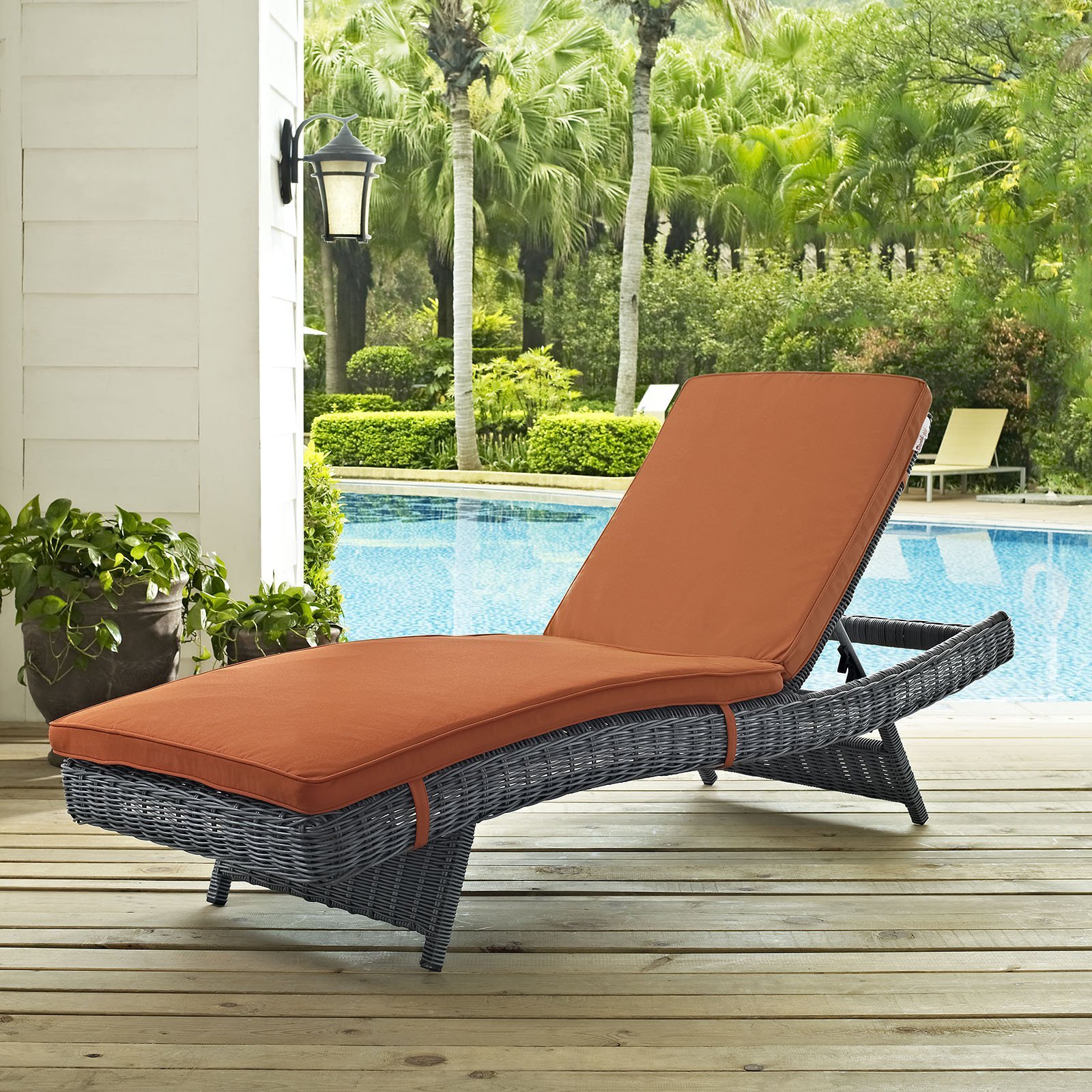 Modway Summon Wicker Rattan Chaise Lounge Chair - Outdoor Patio Furniture with Sunbrella® Fabric in Canvas Tuscan - Perfect for Poolside, Garden & Backyard Relaxation