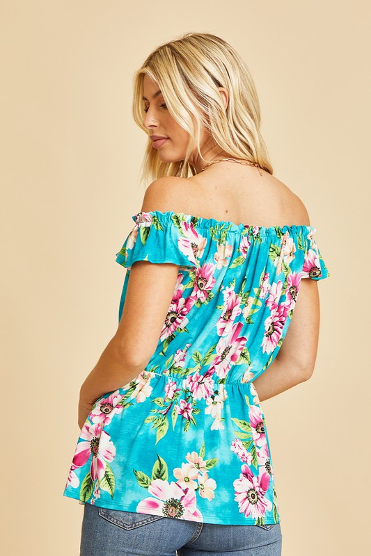 Stylish Off Shoulder Short Sleeve Ruffle Blouse in Teal & Magenta - Perfect for Summer Outfits, Beach Vacations & Date Nights