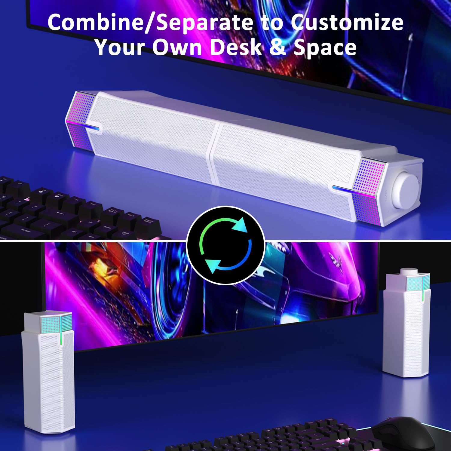 Jeecoo M20 RGB PC Speakers - Wireless Bluetooth Soundbar with Colorful Lighting for Desktop, Laptop, Monitor (White) | Perfect for Gaming, Home Office & Multimedia Entertainment
