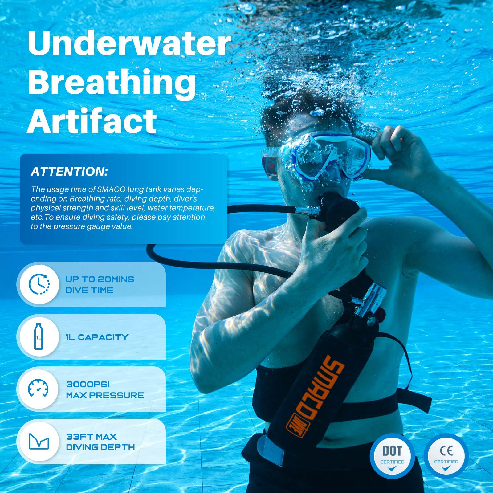 SMACO 1L Mini Scuba Tank - Portable Diving Oxygen Cylinder for 20 Minutes Underwater Exploration | Emergency Rescue Pony Bottle & Dive Gear for Snorkeling, Spearfishing & Scuba Diving (Model S400)