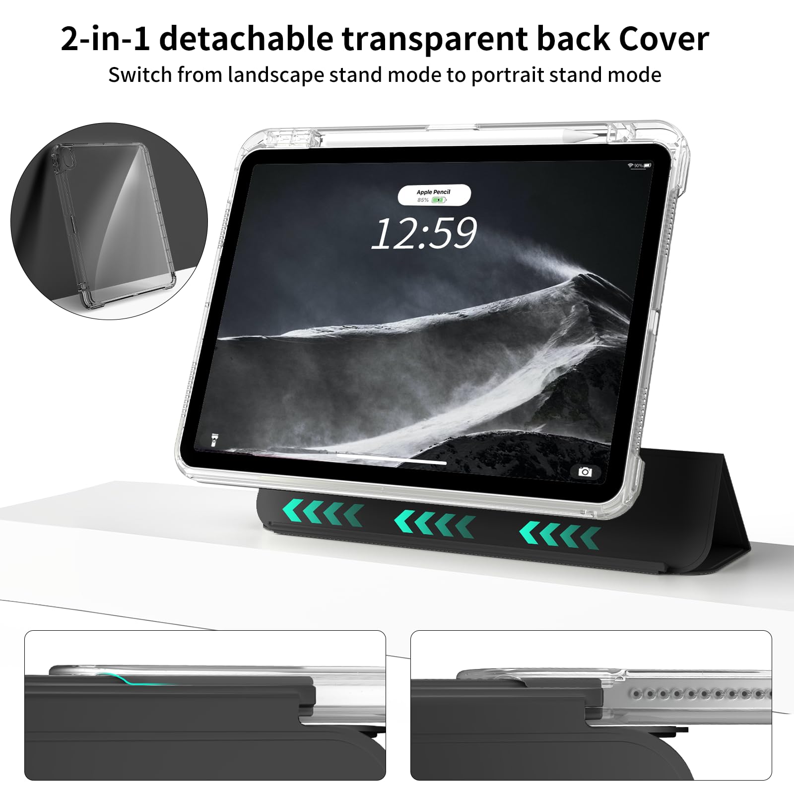 Premium Hybrid Protective Case for iPad Air 11-inch M3/M2 (2025/2024) & iPad Air 5th/4th Gen (2022/2020) - Shockproof Cover with Apple Pencil Holder, Detachable Magnetic Stand & Clear Hard Back Shell - Perfect for Work, School & Travel - Black