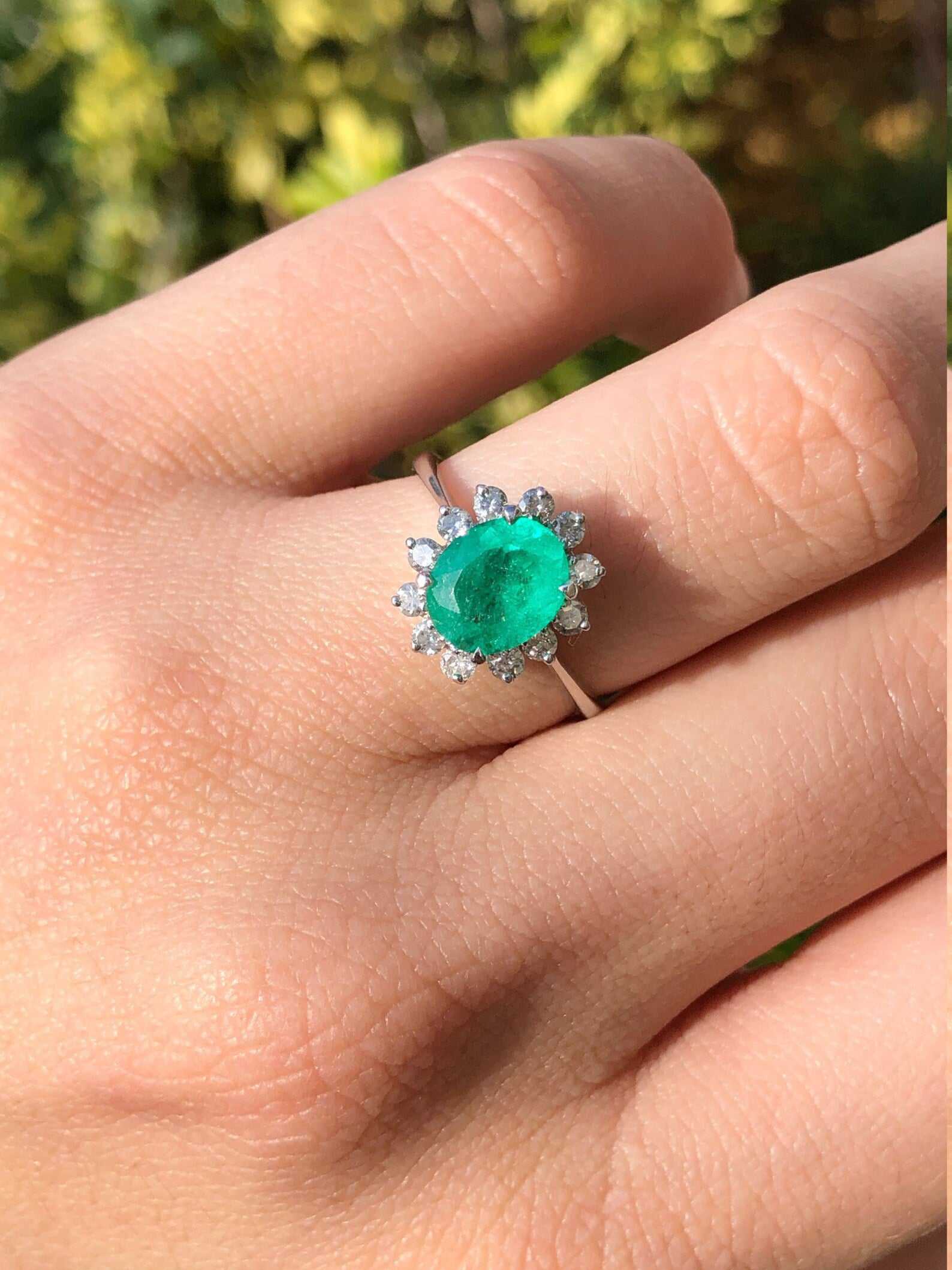 2.10tcw Colombian Emerald Oval & Diamond Halo Statement Ring in 14K Gold - Elegant Jewelry for Weddings, Anniversaries & Special Occasions
