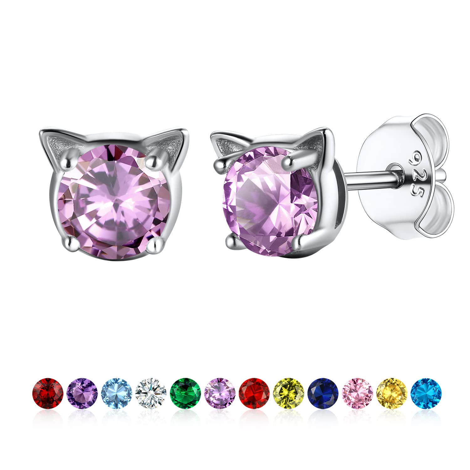 U7 Cat Stud Earrings - Silver, Black, Gold Faux Pearl Kitten Earrings with Birthstone | Cute Pet Lover Jewelry Gift for Women & Teen Girls | Perfect for Everyday Wear, Birthdays & Special Occasions