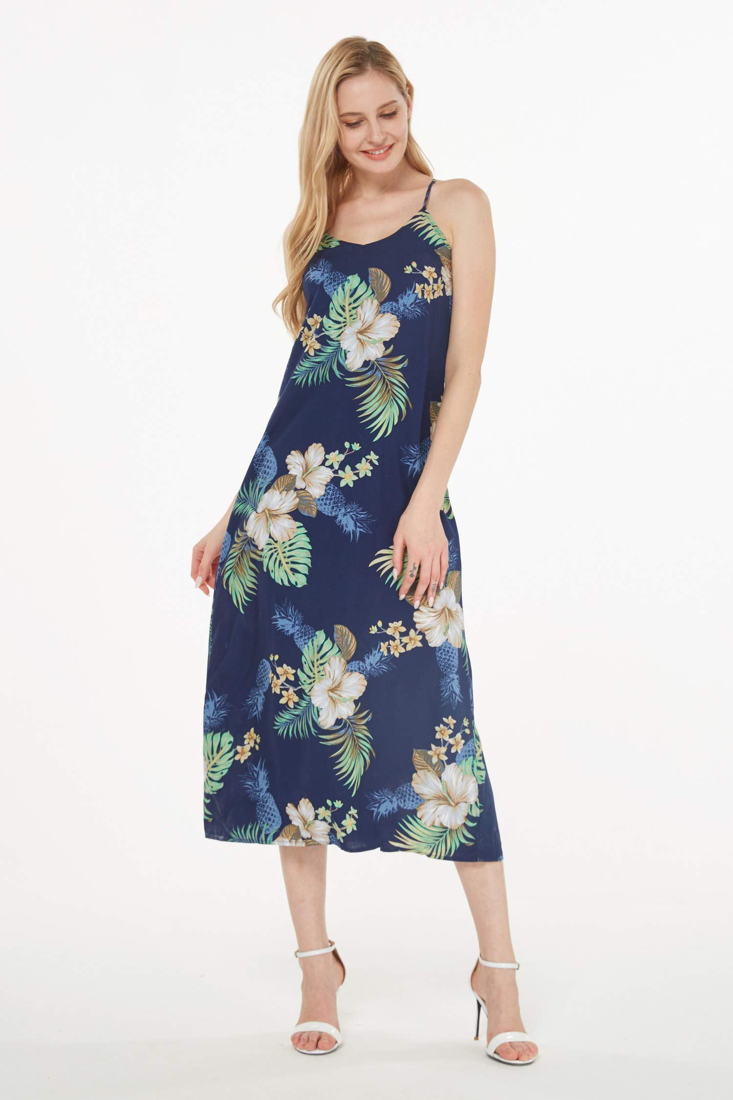 Women's Hawaiian Luau Pineapple Print Maxi Dress - Navy Blue Sweetheart Neckline Summer Beach Party Dress for Vacation, Luau Party & Tropical Getaway