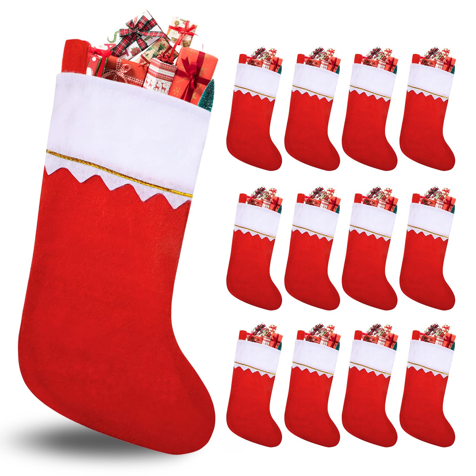 Wittocs 12 Pack Red Felt Christmas Stockings Bulk - Holiday Decorations for Fireplace Mantel, Tree Decor, Gift Giving & Festive Home Decor