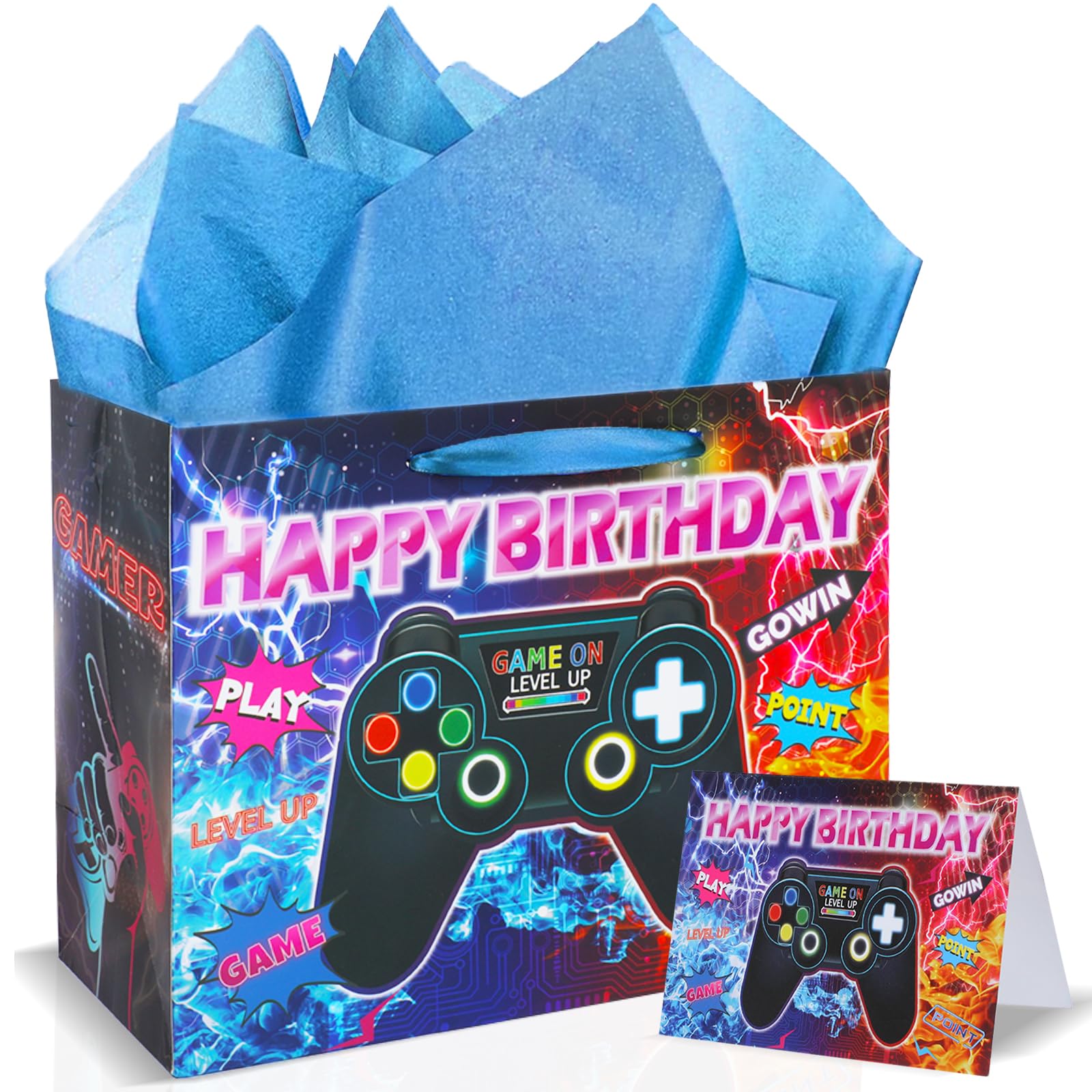 Video Game Themed Birthday Party Decorations - 12 Pack Gaming Favor Bags with Happy Birthday Tissue Paper & Greeting Cards for Boys & Girls | Perfect for Gamer Birthday Parties, Christmas Celebrations & Gaming Events
