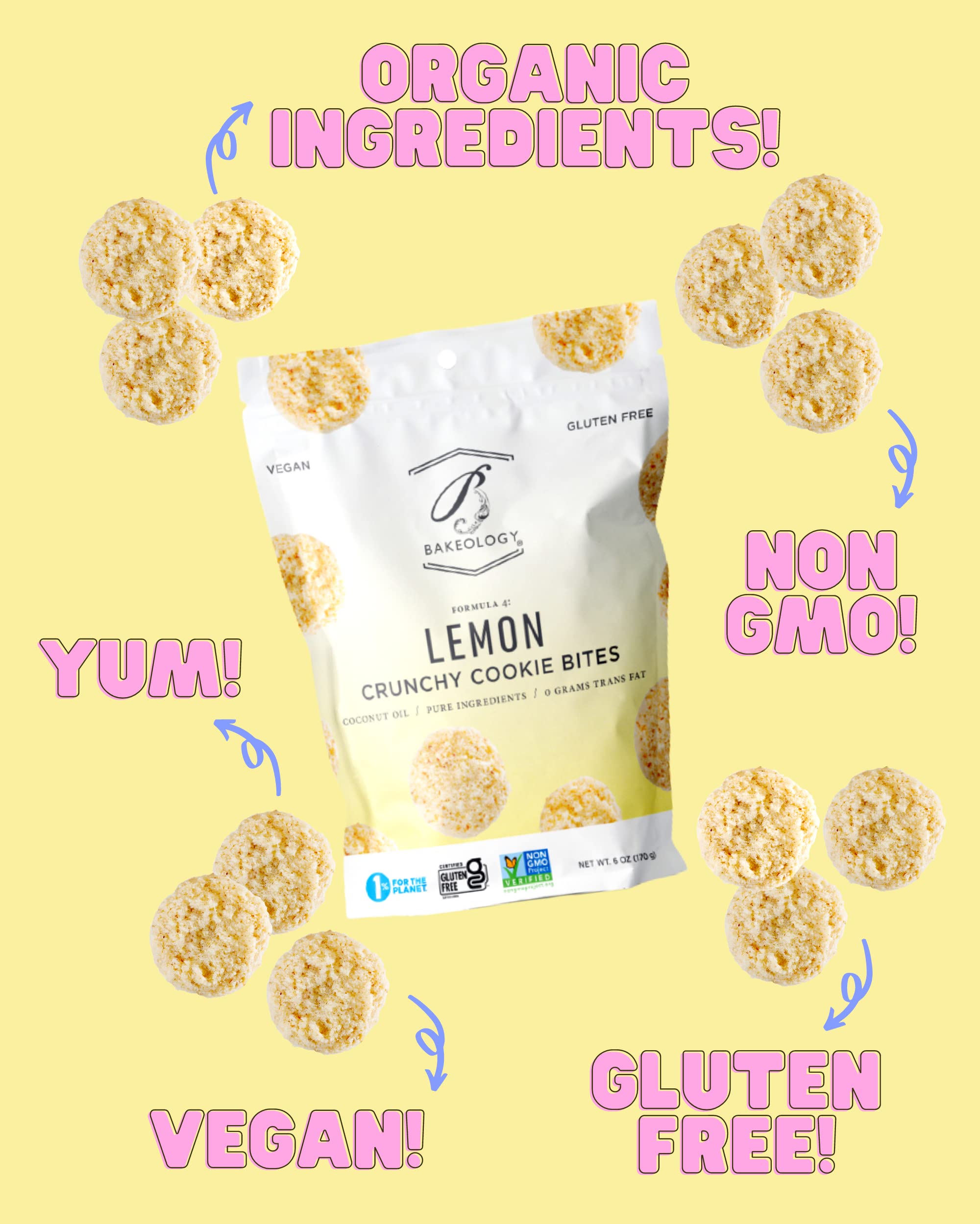 Bakeology Gluten Free Vegan Lemon Cookies - Crunchy Mini Dairy Free Snacks - Plant Based Dessert Made with Coconut Oil & Pure Ingredients - Perfect for Healthy Snacking, Lunchboxes & Tea Time Treats