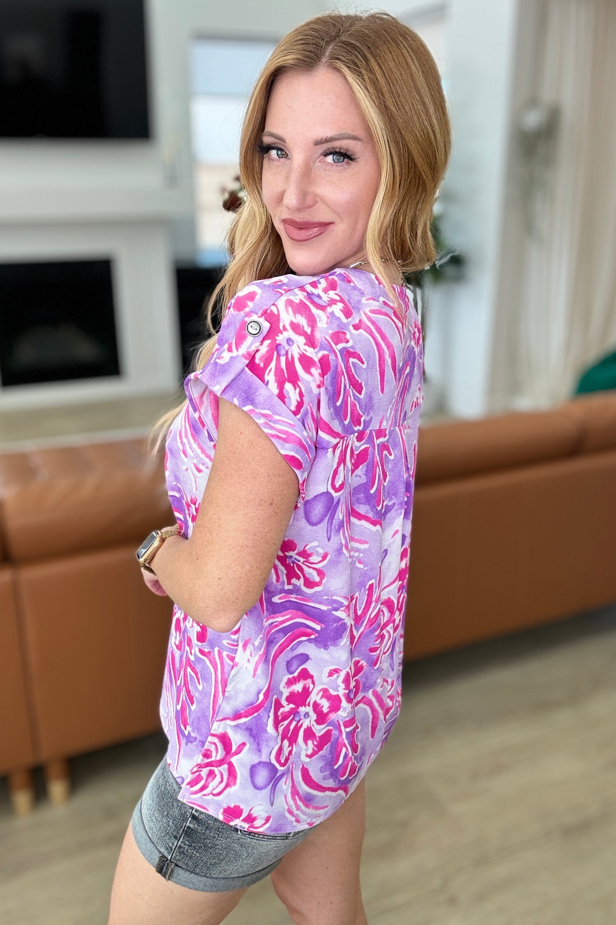 Lizzy Cap Sleeve Top - Flowy Women's Blouse in Purple & Hot Pink Watercolor Print | Casual Summer Tops for Beach, Date Night & Office Wear