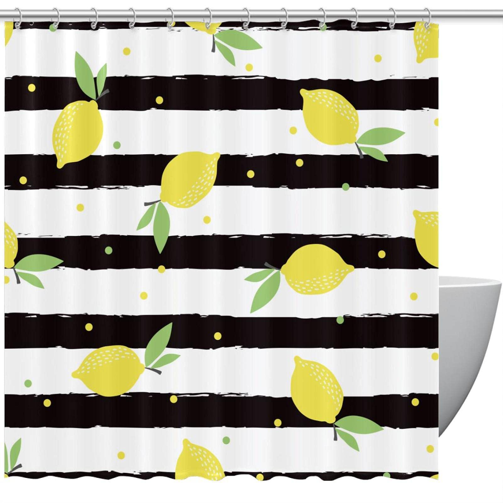 Durable and Washable Waterproof Shower Curtain with 12 Hooks - Lemon Black White Stripe Bathroom Decor for Home - Perfect for Bathroom, Guest Room, and Apartment Use