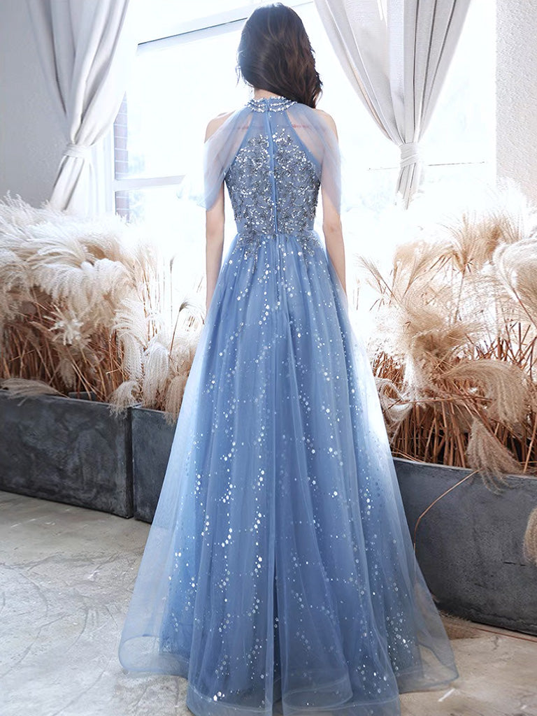 Elegant Off-Shoulder A-Line Tulle Prom Dress in Blue with Lace Details - Perfect for Formal Dances, Weddings & Special Occasions