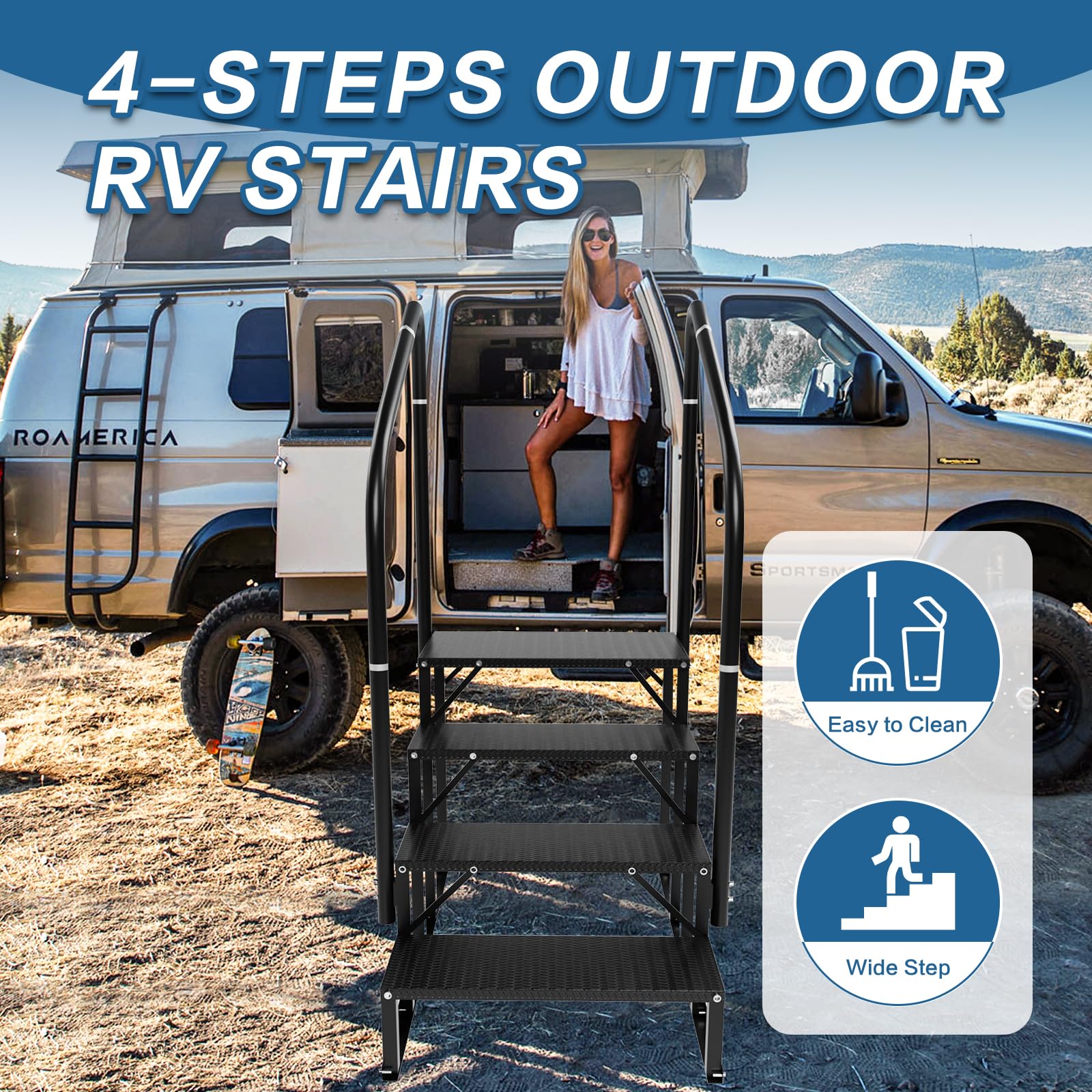 RV Steps With Handrail - 4-Step Non-Slip Aluminum Stairs for Camper, Trailer, Mobile Home, Hot Tub & Outdoor Spa | Heavy Duty Outdoor Stairs for RV Access, Deck Entry & Poolside Use