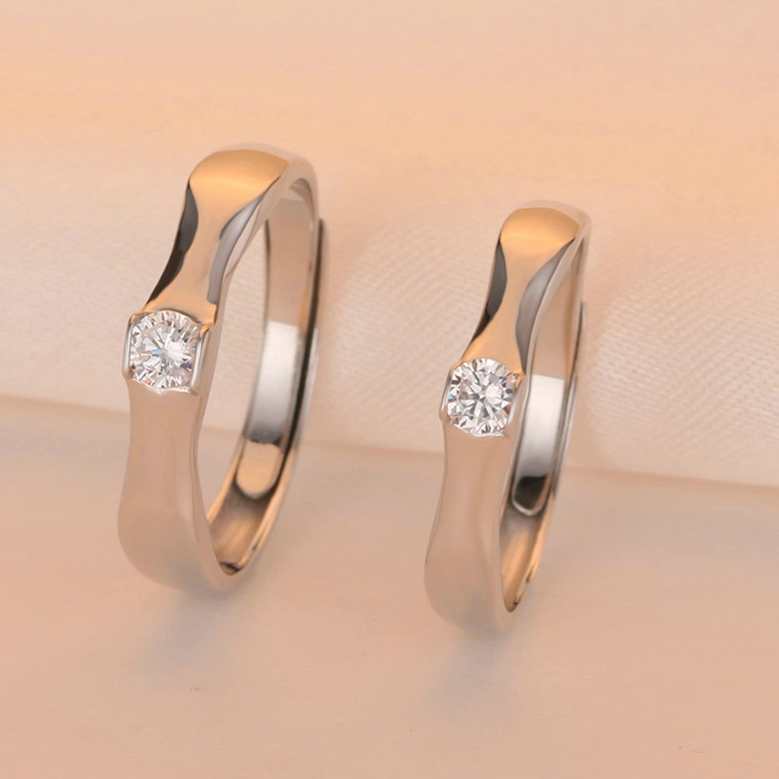 Sterling Silver Matching Wedding Bands Set with Cubic Zirconia Solitaire - Vintage Adjustable Engagement Rings for Couples | Perfect for Anniversaries, Proposals & Romantic Occasions