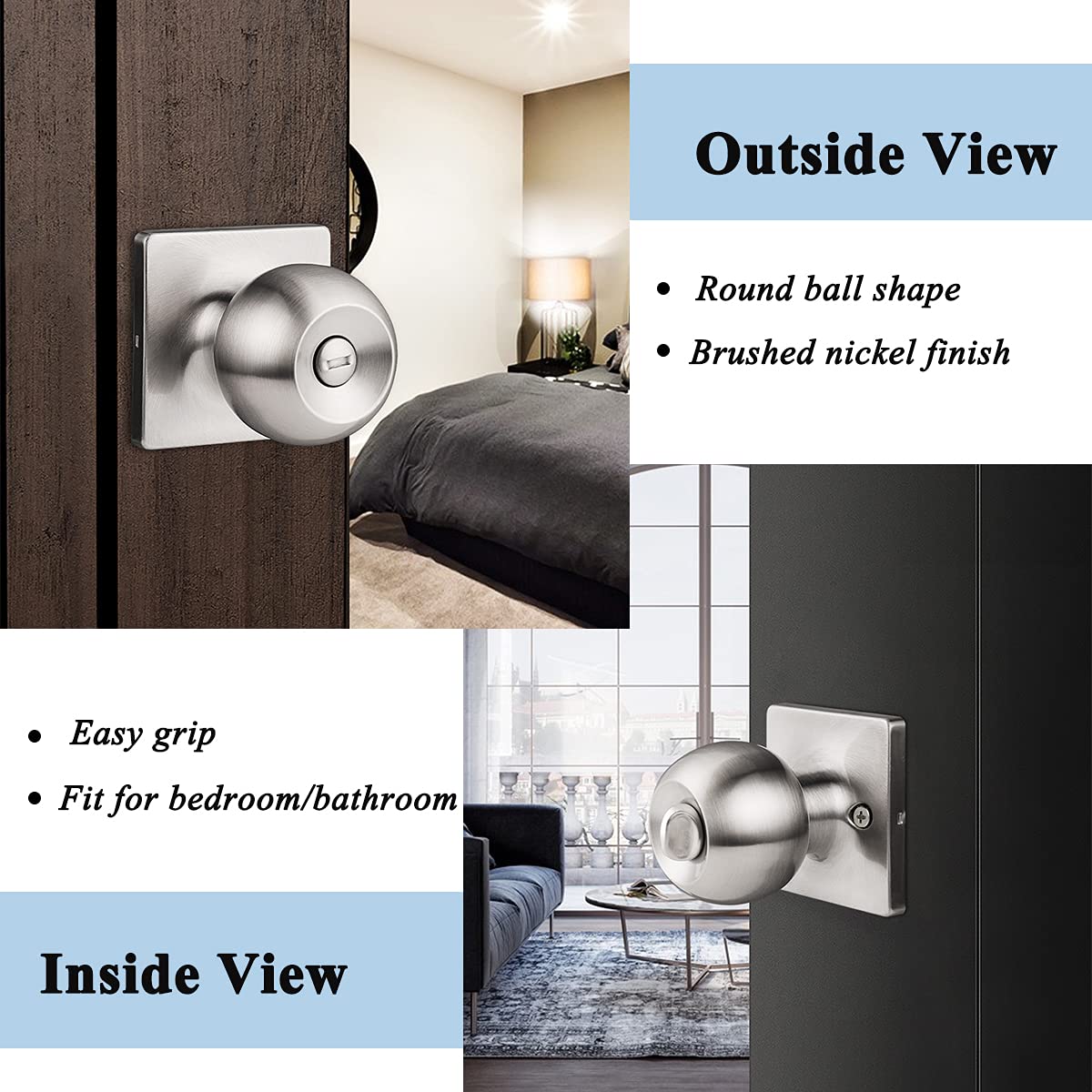 Gobrico Brushed Nickel Privacy Door Knob with Lock - Round Ball Style Interior Door Lockset with Thumb Turn Inside - Stainless Steel Bedroom & Bathroom Door Hardware (1 Pack) - Perfect for Bedrooms, Bathrooms, and Home Privacy Security