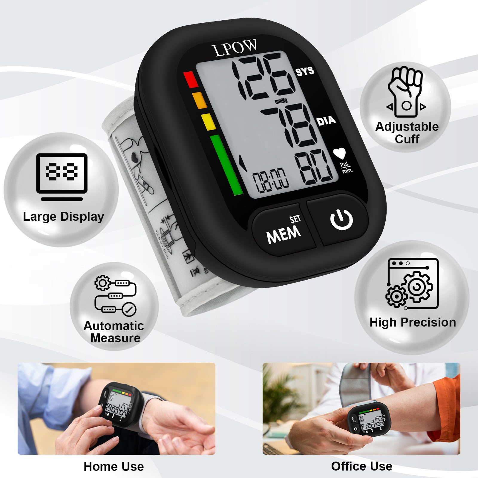 LPOW Wrist Blood Pressure Monitor - Digital BP Machine with Large LCD Display, 99 Memory Storage, Portable Carrying Case - Accurate Home Use for Adults & Seniors - Perfect for Travel, Gym & Daily Health Tracking