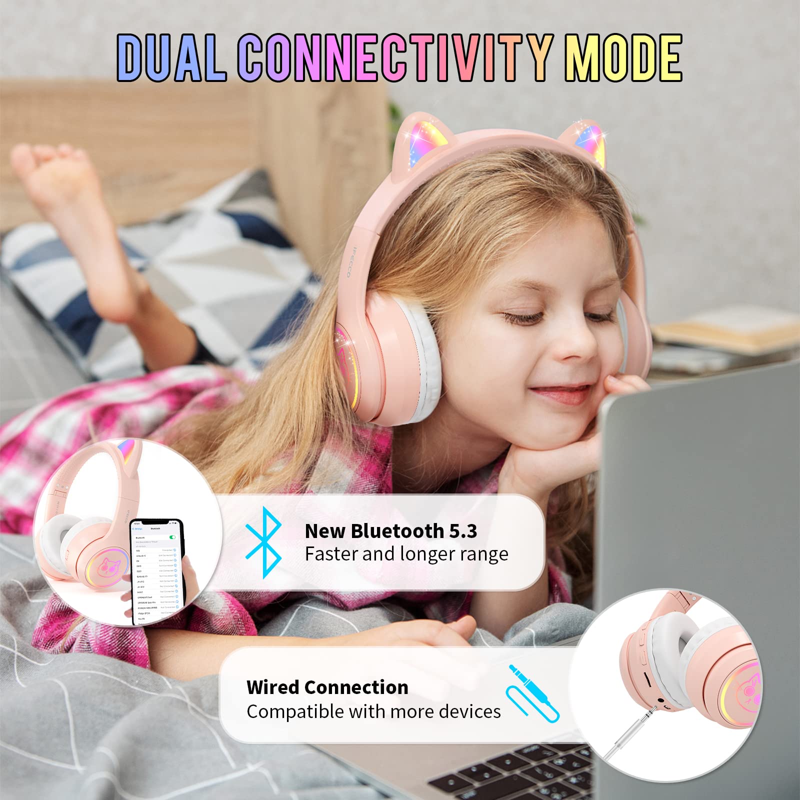 iFecco Kids Wireless Bluetooth Headphones with Microphone & LED Lights - Safe Over-Ear Headphones for Children, Toddlers & Cats - Includes Carrying Case - Perfect for Online Learning, Gaming & Travel