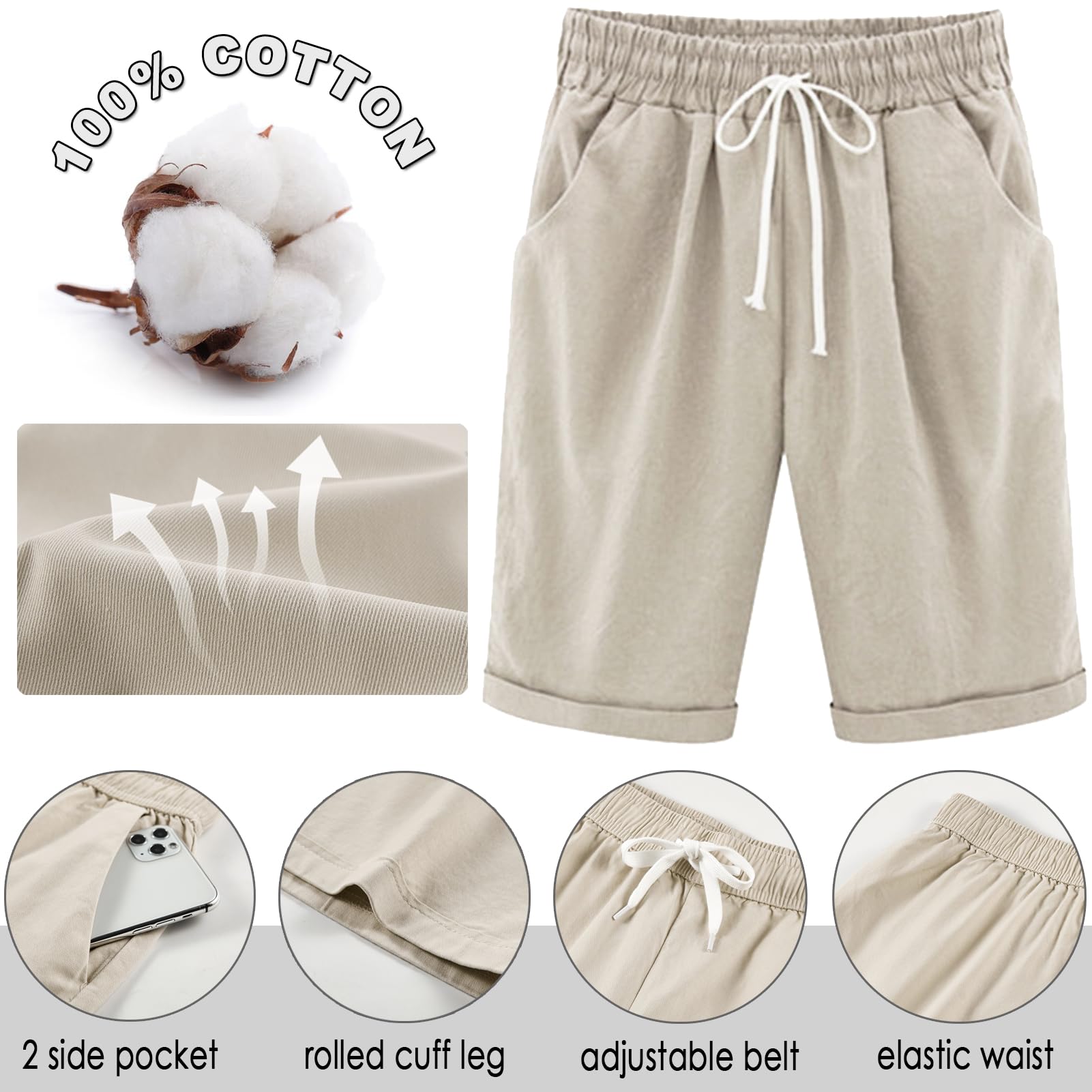 XinYangNi Women's Casual Cotton Cargo Shorts - Lightweight Hiking Shorts with Elastic Waist & Drawstring - Summer Outdoor Shorts with Pockets for Hiking, Travel & Everyday Wear