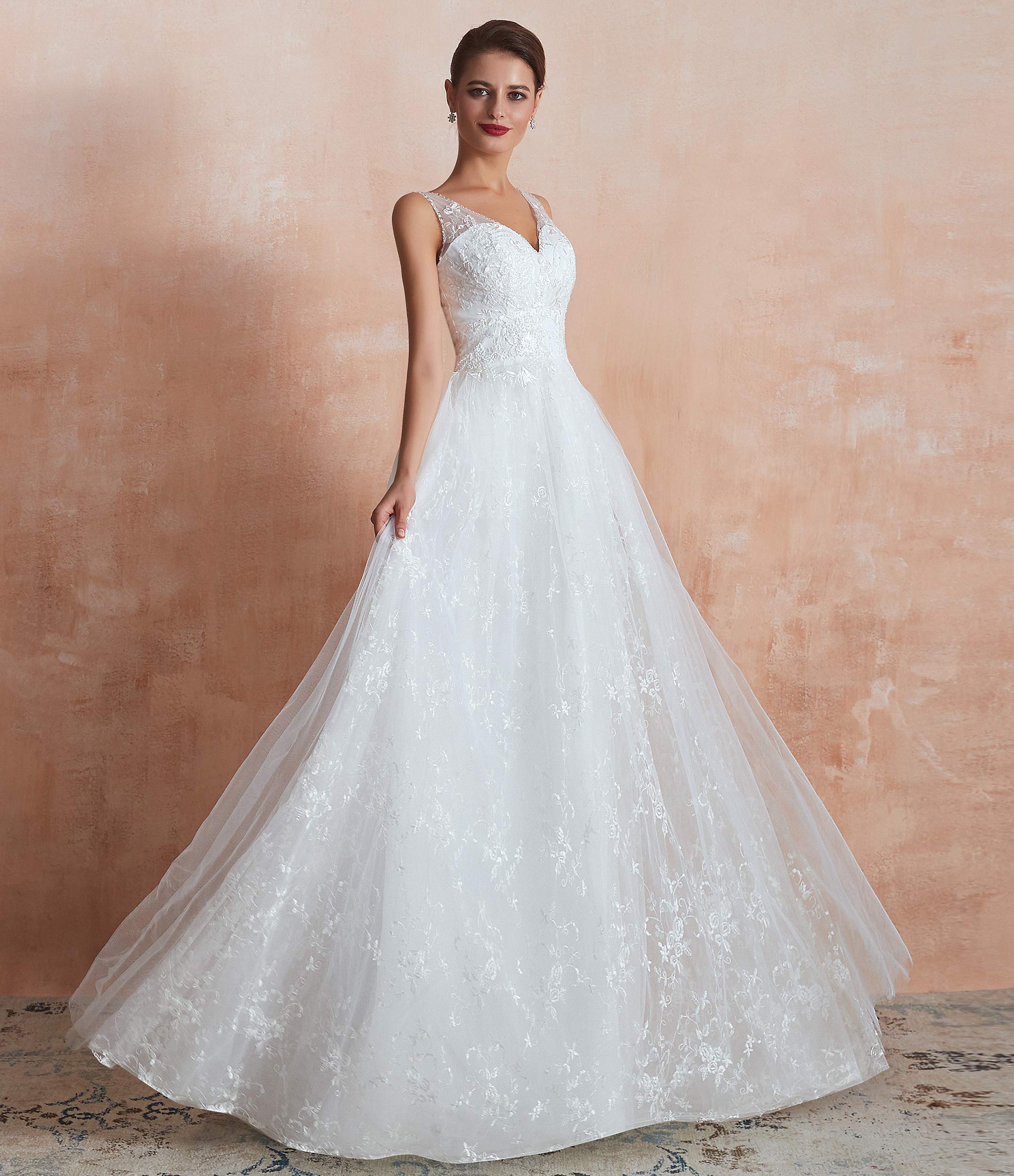 Elegant Women's V-Neck Lace Applique Sleeveless Tulle Wedding Dress | Bridal Gown for Beach, Church & Outdoor Ceremonies