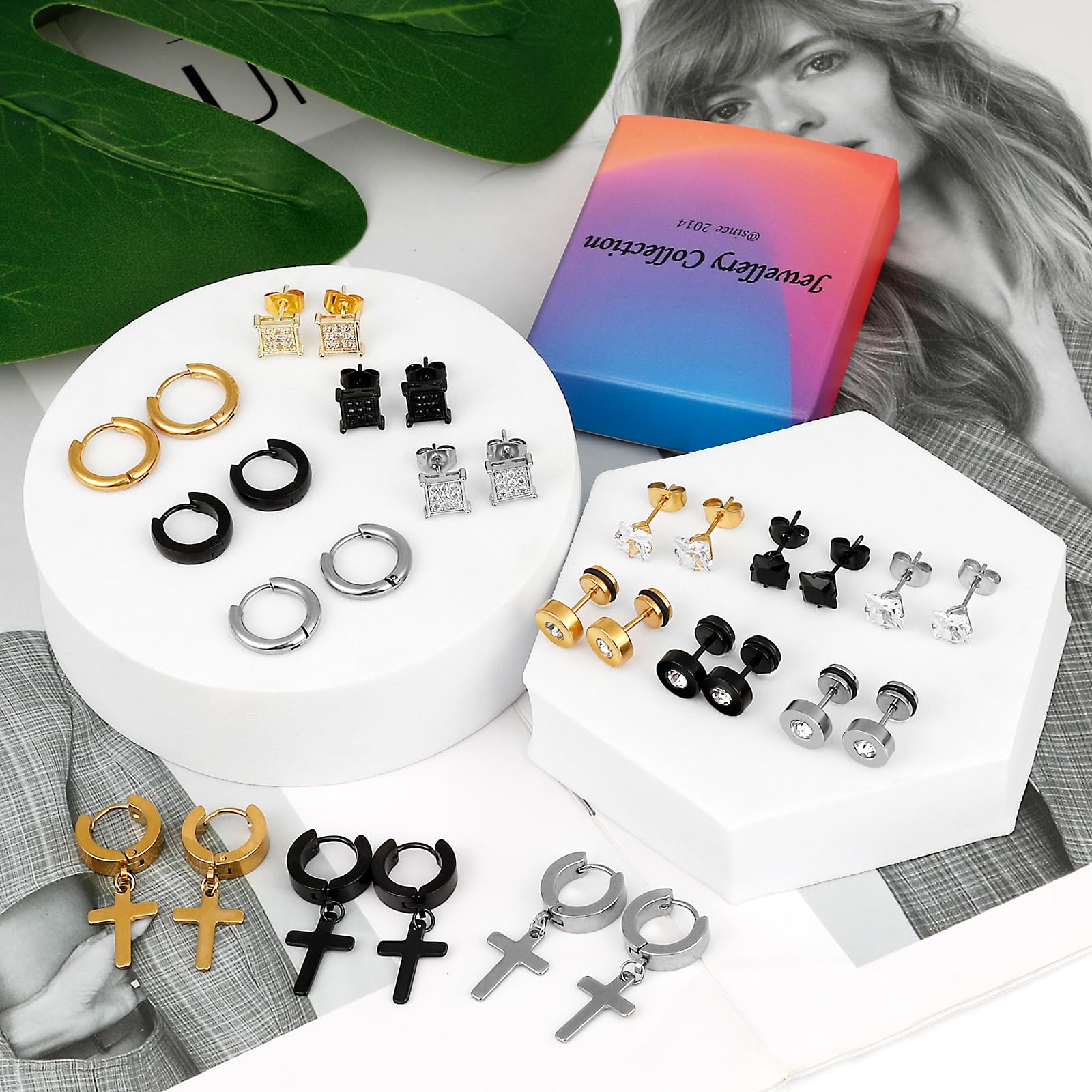 21 Pairs Stainless Steel Hypoallergenic Earrings Set for Men & Women - Cross Dangle, Hoop, CZ Stud & Huggie Earrings in Black & Gold - Perfect for Daily Wear, Gifts & Ear Piercing Jewelry