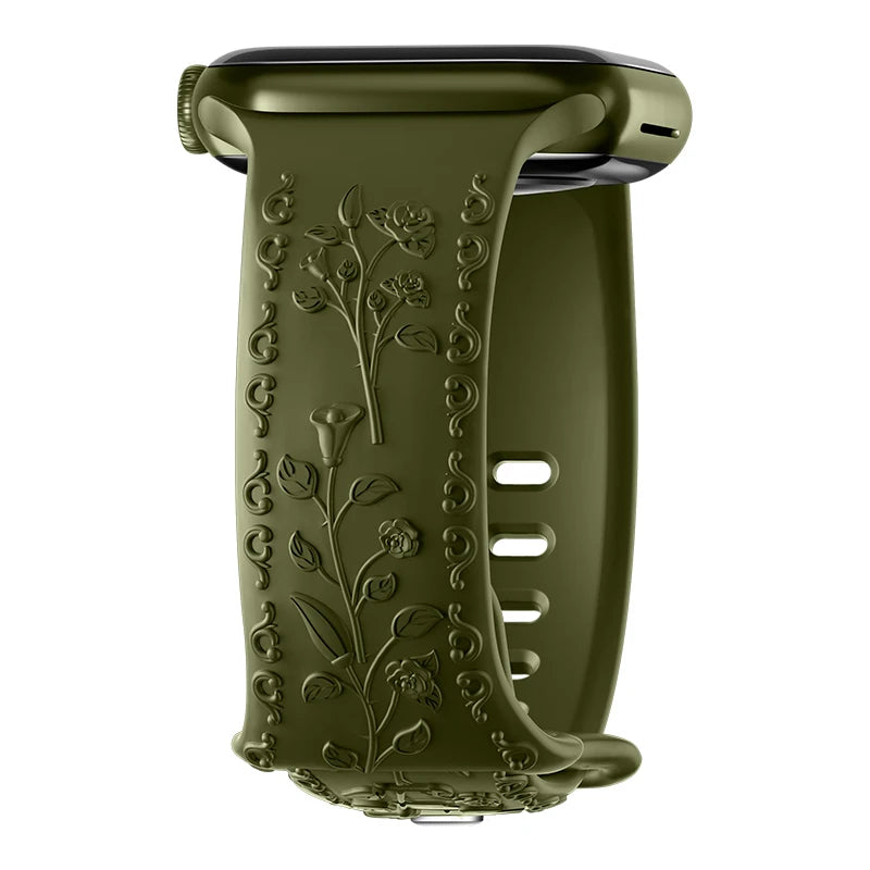 Botanical Bliss Engraved Silicone Band for Apple Watch - Navy Blue Strap - Perfect for Fitness, Workouts & Everyday Wear