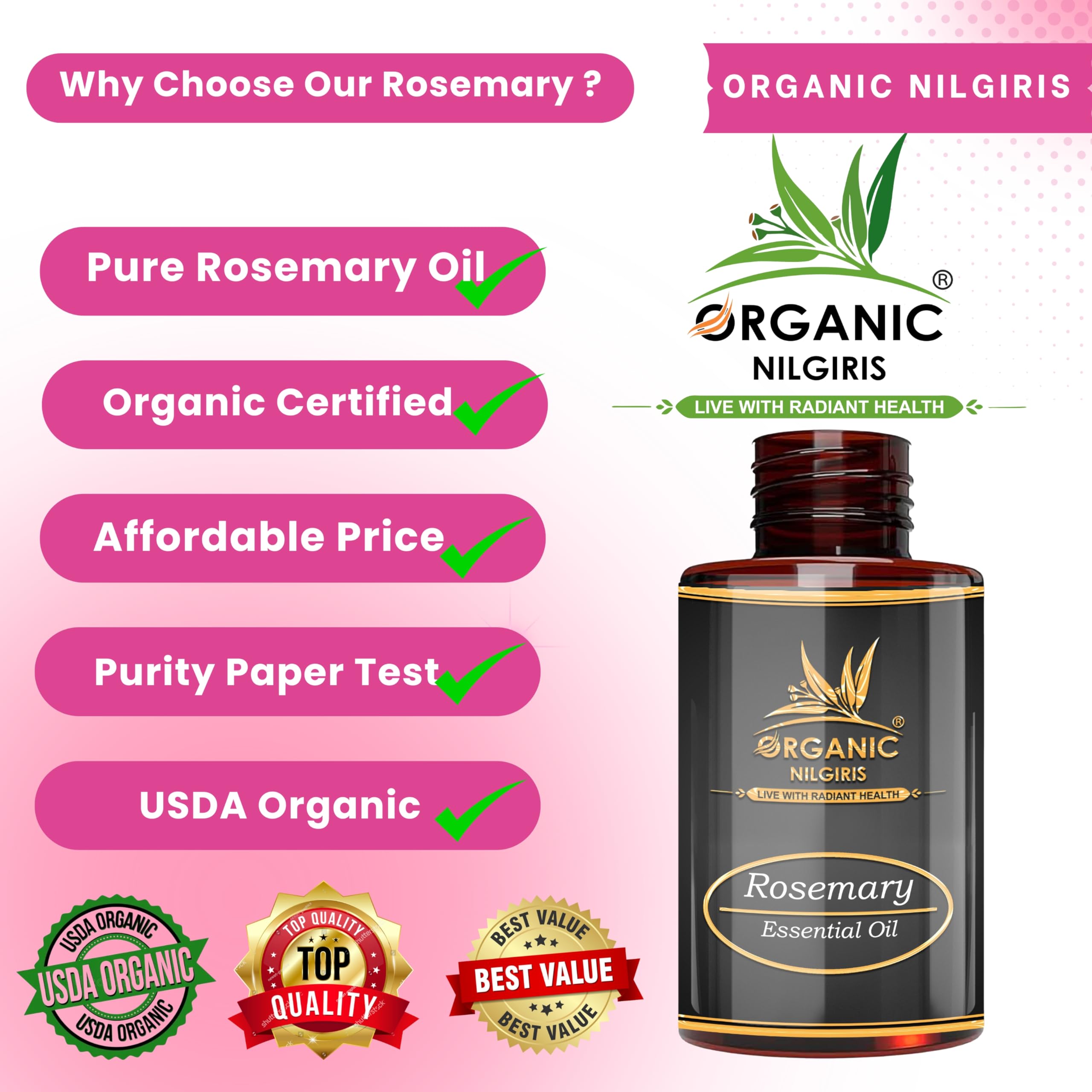 Organic Nilgiris Rosemary Essential Oil for Hair & Skin Care - 100% Pure, Cold Pressed, Natural Hair Growth & Nourishment - Promotes Healthy Scalp & Glowing Skin - Perfect for Aromatherapy, Massage & DIY Beauty Products