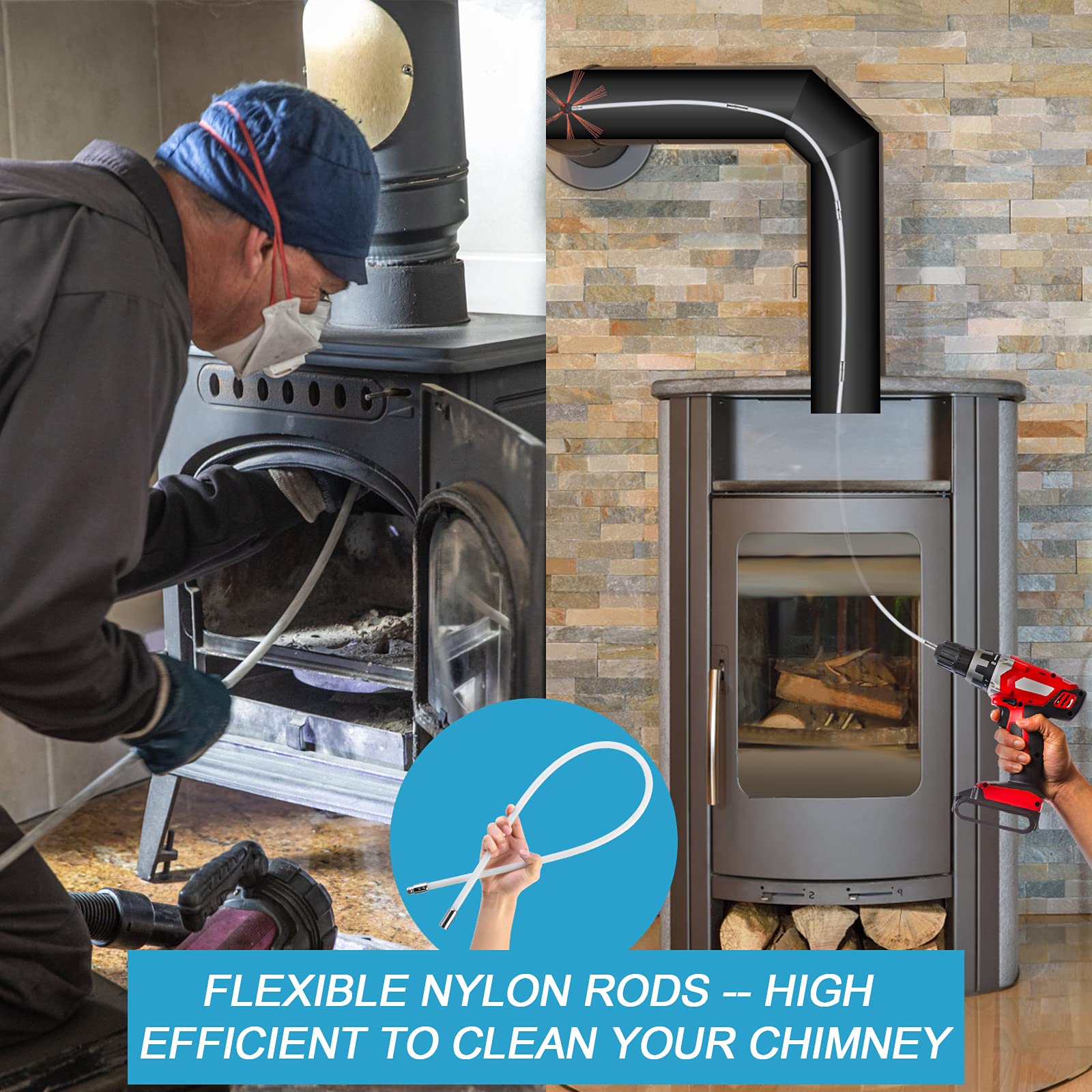 33FT Chimney Sweep Kit with Extension Rods - Flexible Nylon Rotary Brush for Fireplace Cleaning - Electric Drill Compatible Chimney Cleaning Tool (10 Rods Included) - Perfect for Wood Stove, Fireplace & Chimney Maintenance