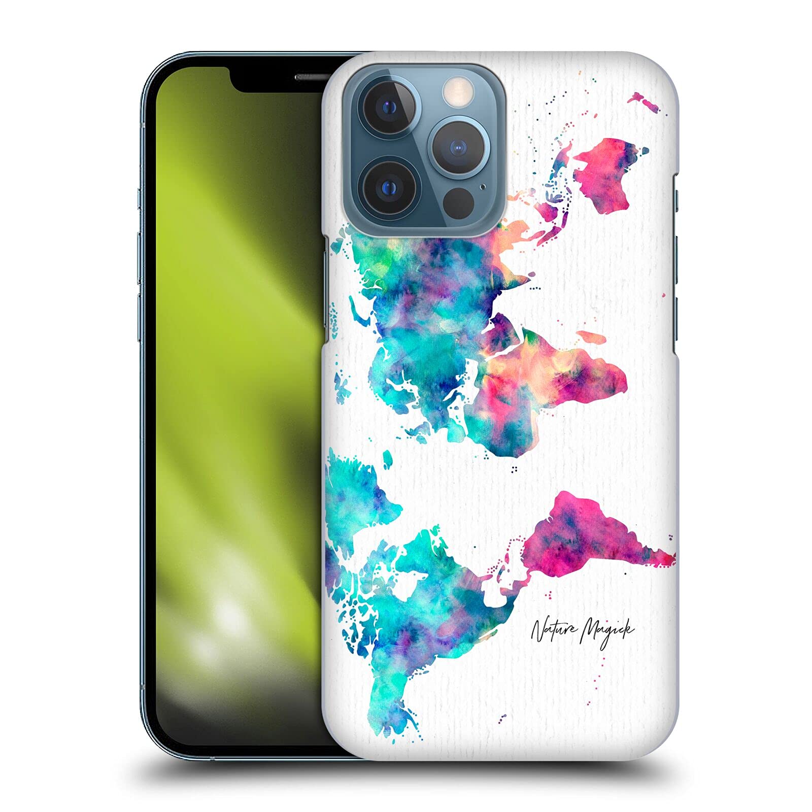 Officially Licensed Nature Magick Watercolor World Map iPhone 13 Pro Max Case - Vibrant Pink & Teal Hard Back Cover for Protection | Perfect for Travel Lovers & Art Enthusiasts
