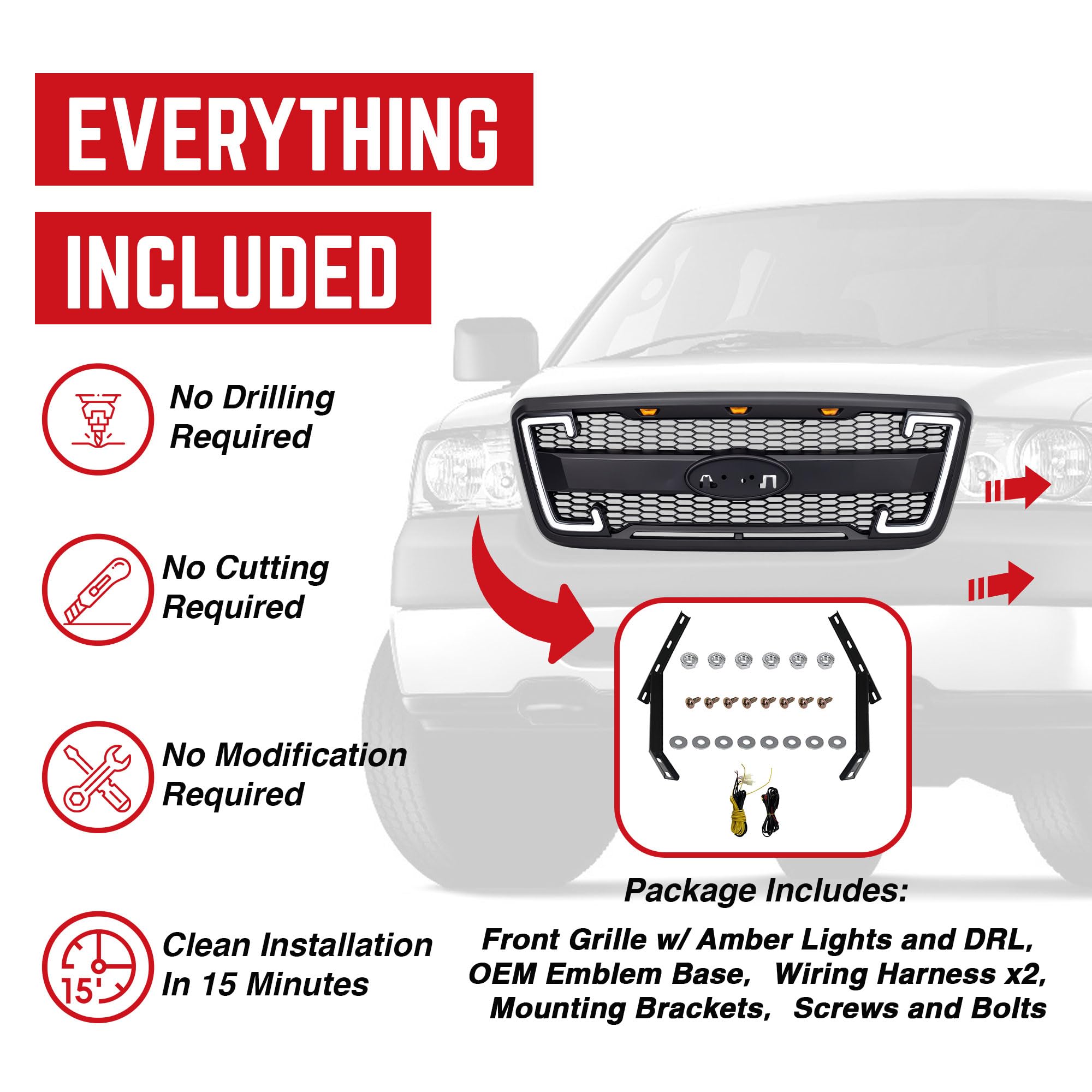 Raptor Style Mesh Grille with DRL & Turn Signals for 2004-2008 Ford F150 | Matte Black | Off-Road Upgrade | Enhanced Style & Visibility for Trucks