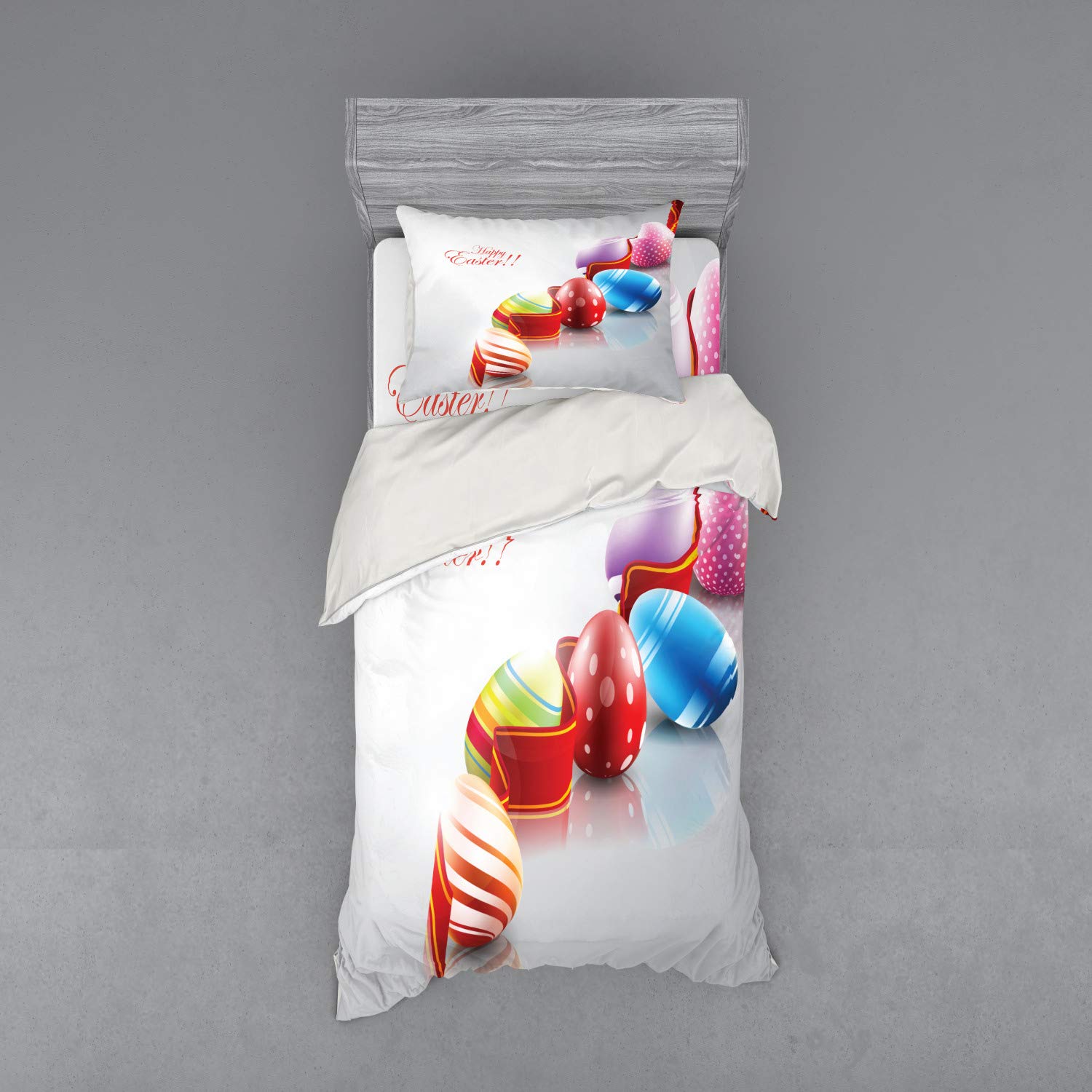 Ambesonne Easter Bedding Set - 3 Piece Duvet Cover with Sham & Fitted Sheet, Twin Size, Colorful Egg & Ribbon Design, Happy Easter Theme - Perfect for Spring Decor, Holiday Guest Room & Easter Gift