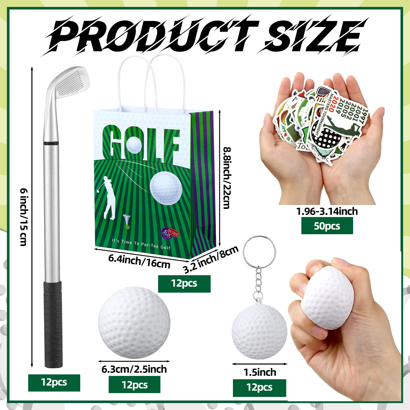 98 Pcs Golf Party Favor Set - Golf Ball Keychains, Ballpoint Pens, Stress Balls & Stickers - Perfect for Sports Themed Birthday Parties, Golf Tournaments & Corporate Events