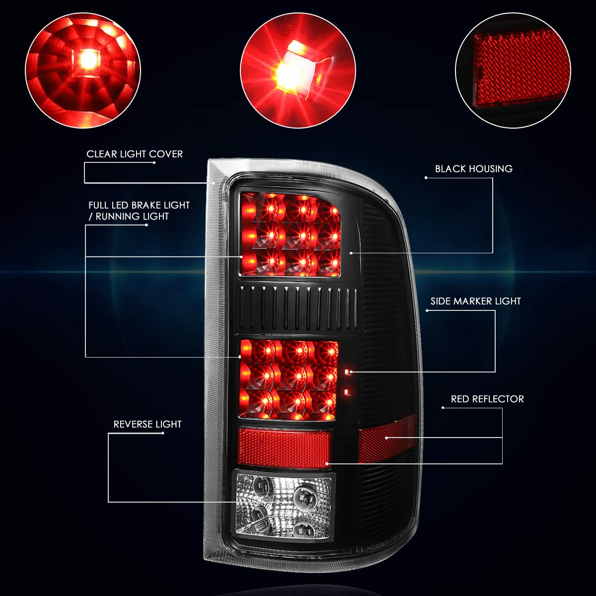 PM PERFORMOTOR Full LED Tail Lights Brake Lamps Assembly - Compatible with 2007-2014 GMC Sierra (Black Housing/Clear Lens) - Upgrade Your Truck's Style & Safety for Night Driving & Off-Road Adventures