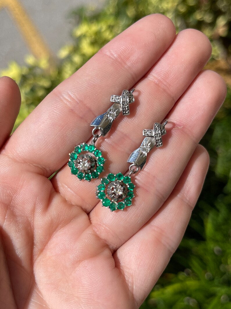 1.07tcw 14K Gold Vintage Dark Vivid Green Colombian Emerald & Diamond Halo Dangle Earrings - Anniversary Gift for Her, Wedding Jewelry, Special Occasion Accessories