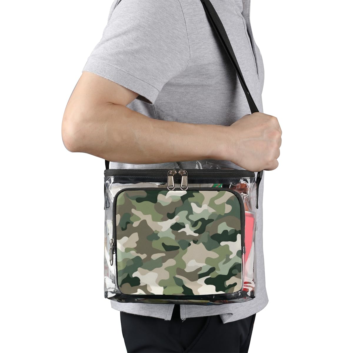 Military Camouflage Clear Tote Bag with Handles - Green Transparent Crossbody Shoulder Bag for Outdoor, Travel, Picnic, Concerts & Sports Events - Stadium Approved Lunch Bag for Camping, Hiking, Beach & Festivals