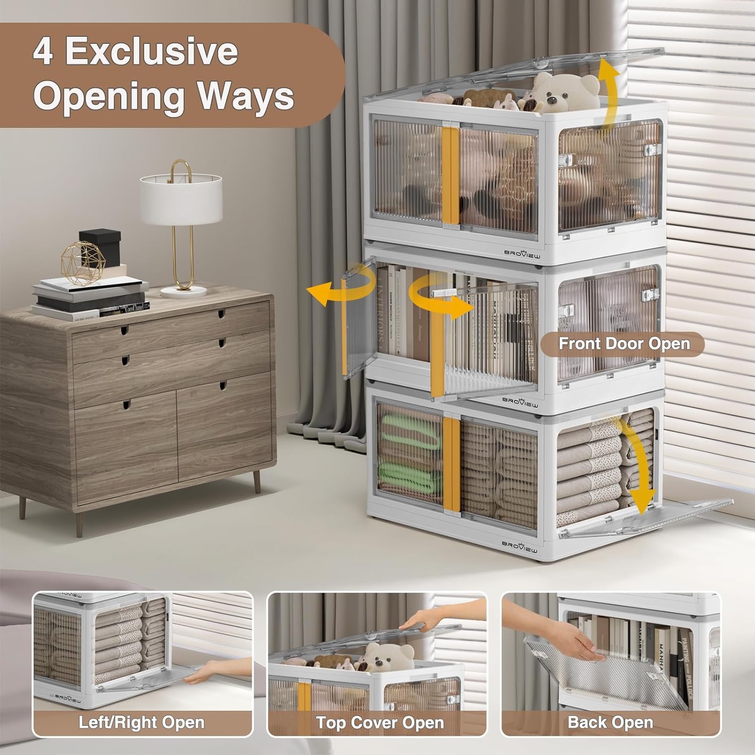 4-Pack Stackable Collapsible Storage Bins with Lids & Wheels - 100 Gallon Plastic Storage Containers with 5 Doors - Foldable Closet Organizers for Home, Garage & Office Organization - White Storage Bins for Shelving, Cabinets & Underbed Storage