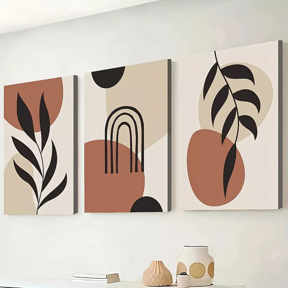 3-Piece Bohemian Modern Abstract Leaf Wall Art Set - Black Framed Canvas Prints 50x70cm (20x28in) - High Quality Australian Made Ready to Hang Wall Decor for Living Room, Bedroom & Office