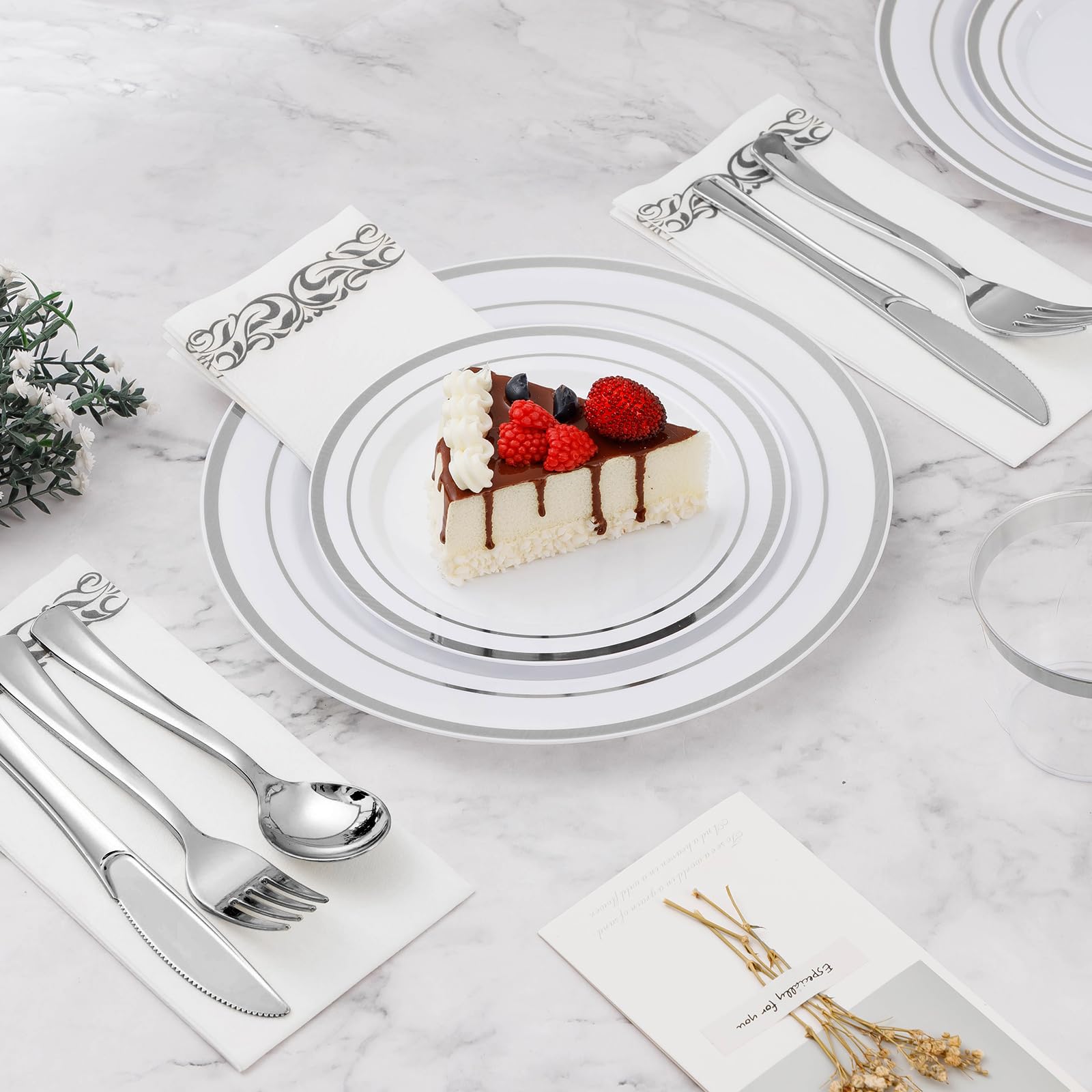 700-Piece Silver Plastic Dinnerware Set for 100 Guests - Includes 100 Dinner Plates, Dessert Plates, Silverware Sets, Cups & Napkins - Elegant Disposable Tableware for Weddings, Parties & Events