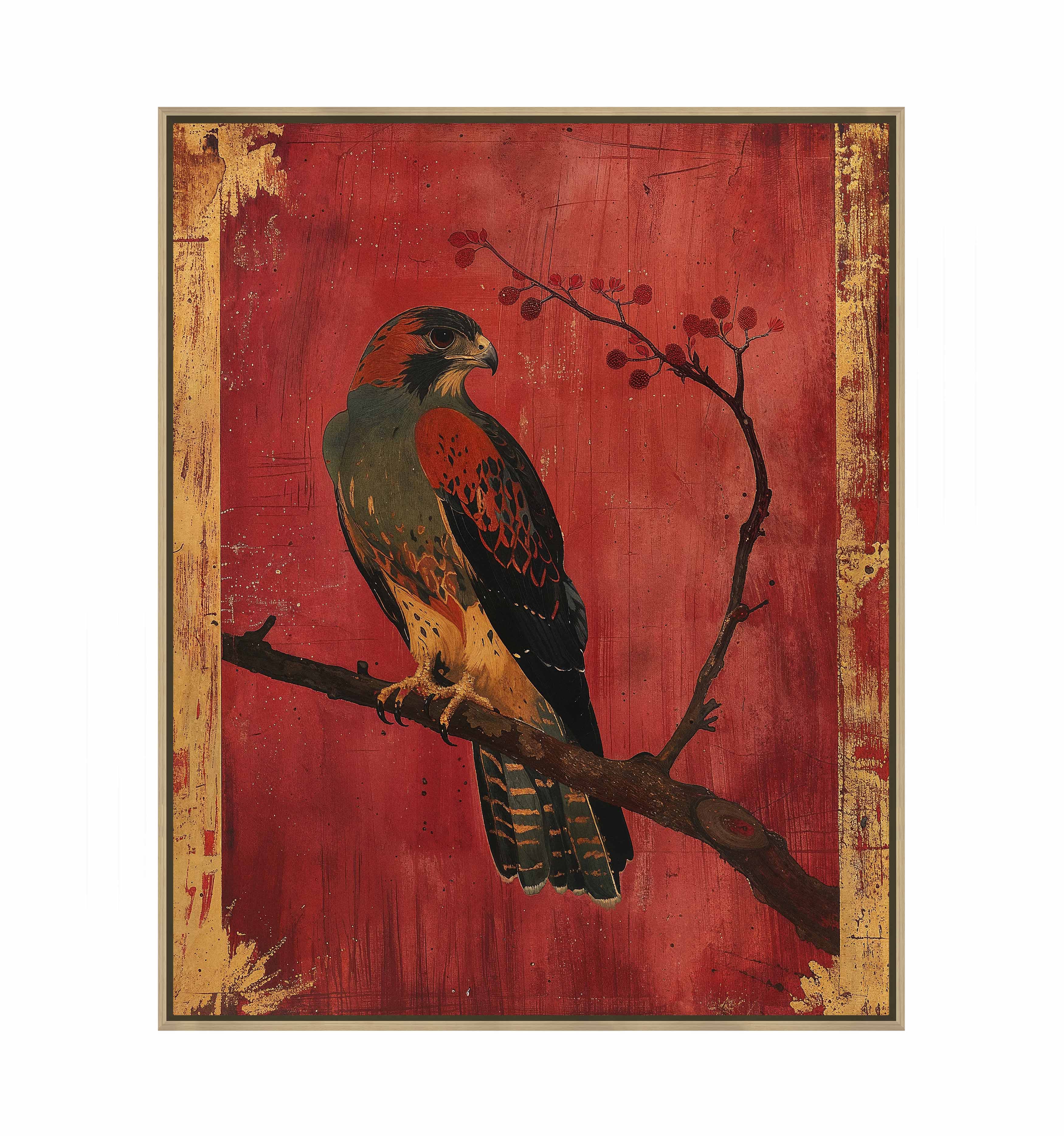 Crimson Majesty Falcon of the Silk Road Wall Art - Handmade Gallery Wrapped Canvas Painting for Living Room, Bedroom & Office Decor