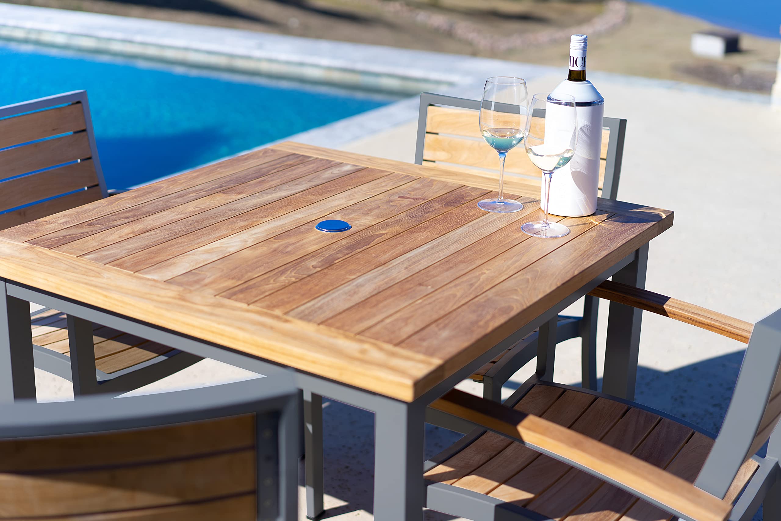 Santorini Square Outdoor Dining Table with Iron Base - Ash Grey Teak Wood Patio Table for Garden, Backyard, and Poolside Dining