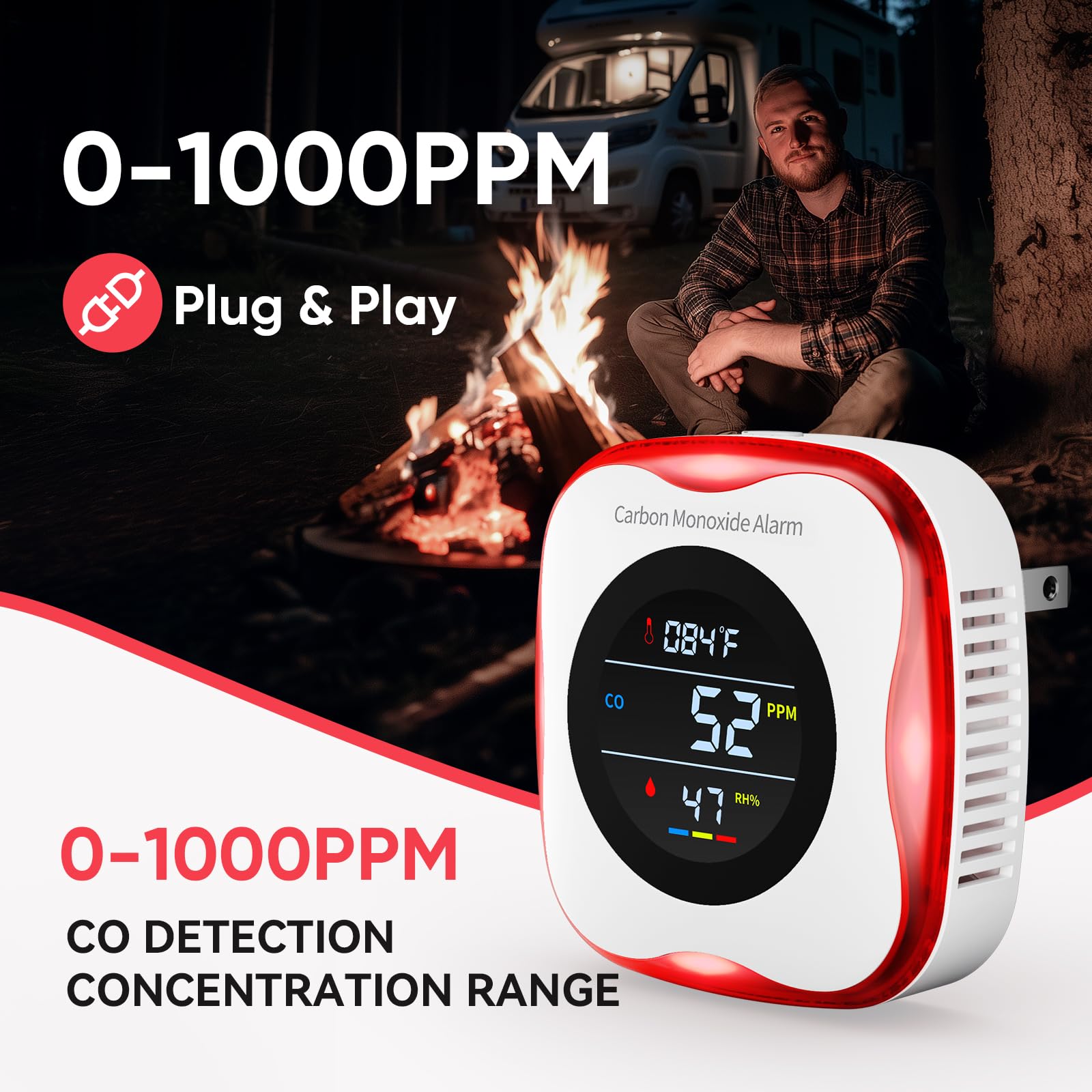 3-in-1 Plug-in Carbon Monoxide Detector with Temperature & Humidity Display - Compact CO Alarm for Home, RV, Travel Safety - Ideal for Bedrooms, Kitchens & Camping Trips