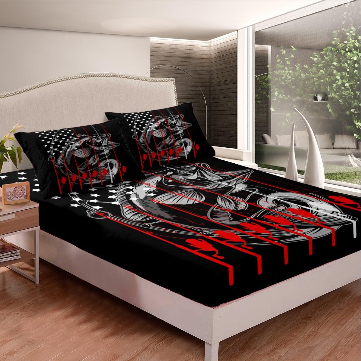 Feelyou American Flag Fishing Theme Bed Sheet Set - Full Size with 2 Pillowcases, Bass & Pike Fish Design for Kids & Adults - Perfect for Hunting & Fishing Enthusiasts' Bedrooms, Cabins, or Dorm Rooms