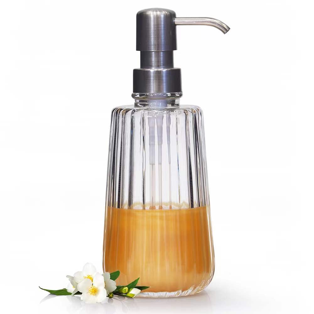 Premium Glass Soap Dispenser with Silver Pump - Vertical Striped Design for Bathroom & Kitchen - Refillable Liquid Soap Dispenser for Dish Soap, Hand Soap & Lotion - Clear Elegant Container for Home & Office Decor